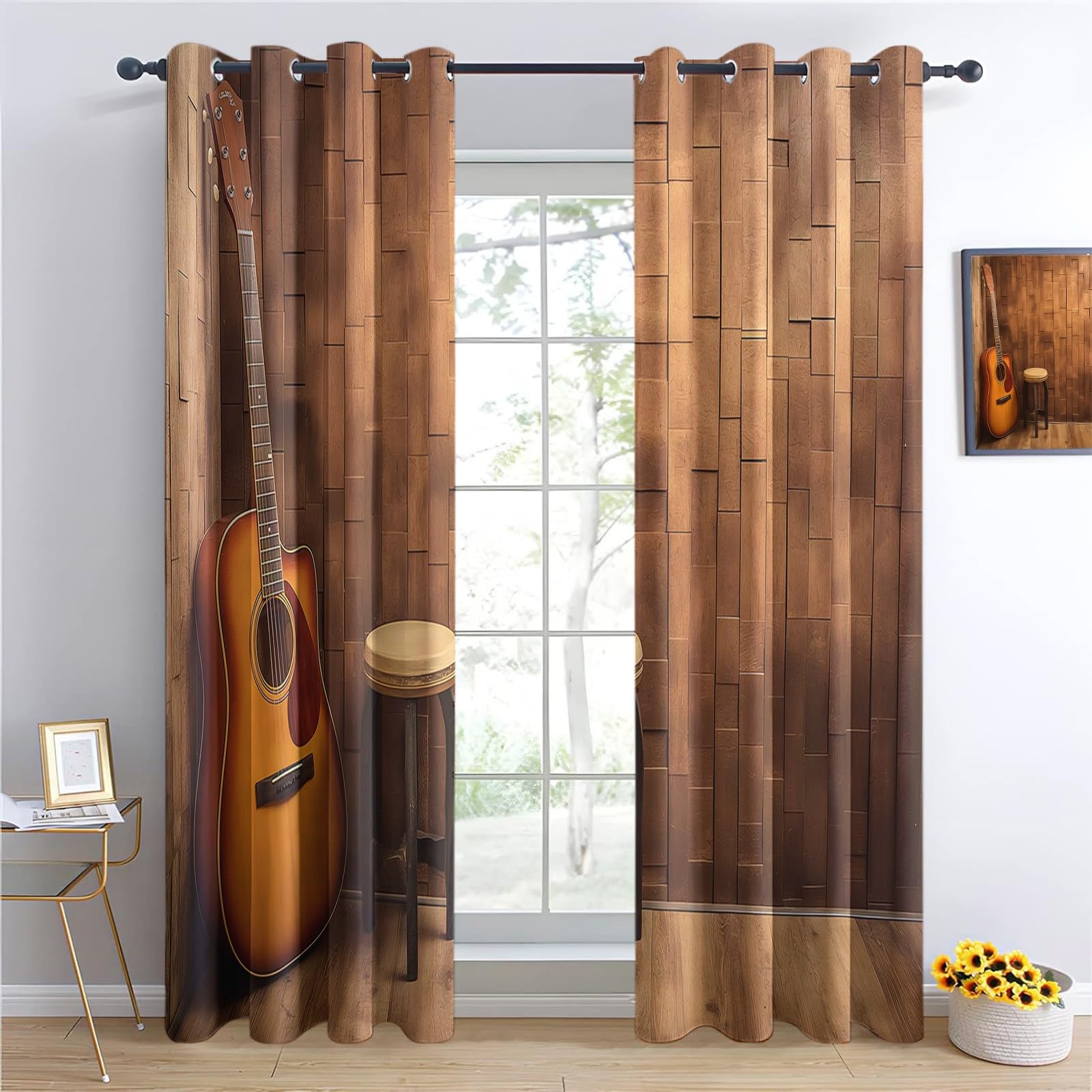 Marrone Tende stampate per tende da camera da letto e Chitarra vintage di musica country Tende 140L x 225A cm (2 Pannelli)(W x L) Tende stampate a risparmio energetico che bloccano la luce Tende