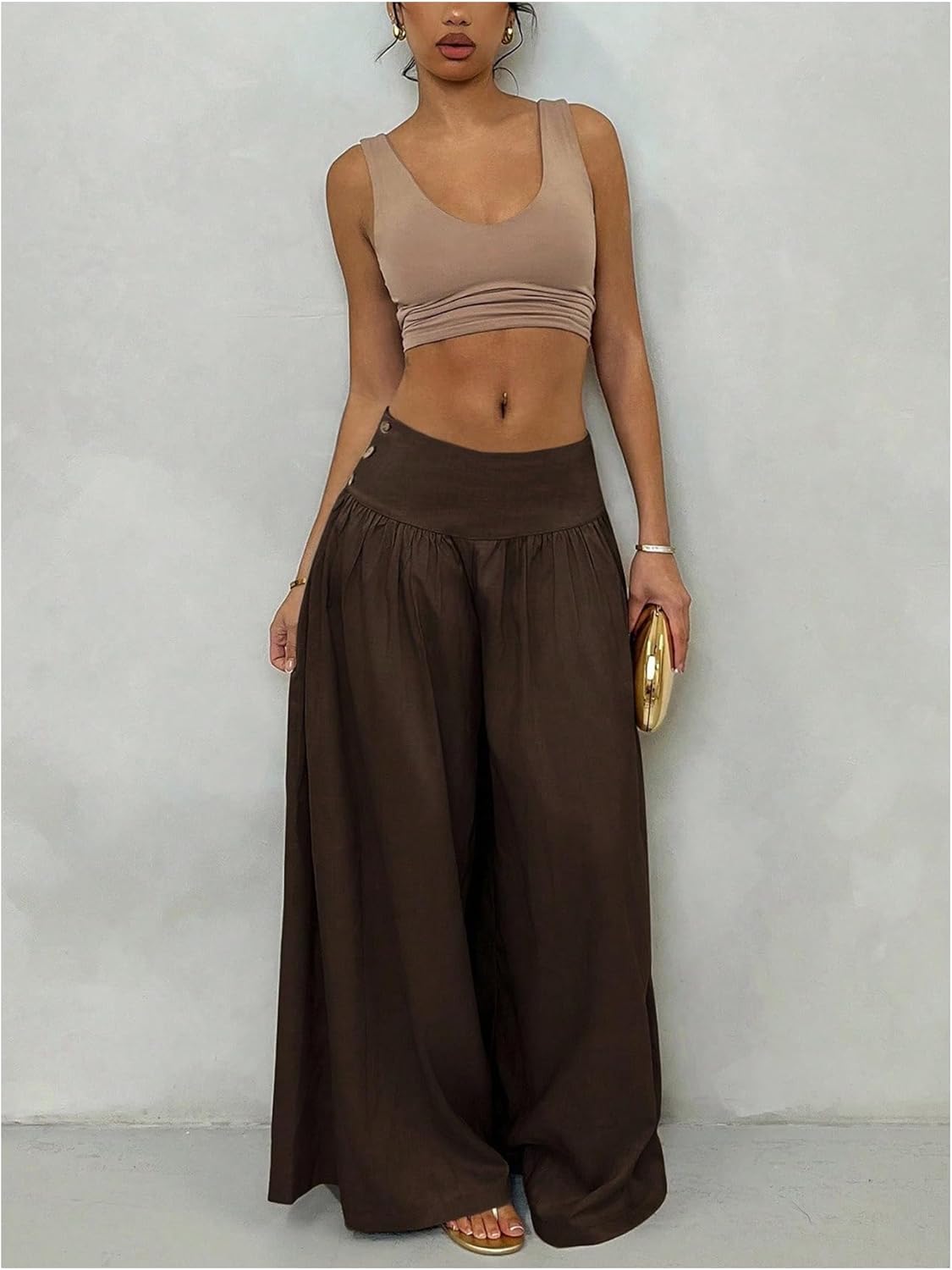 Women's Button Down Pleated Palazzo Pants Low Rise Wide Leg Pants Vintage Old Money Outfits Trousers