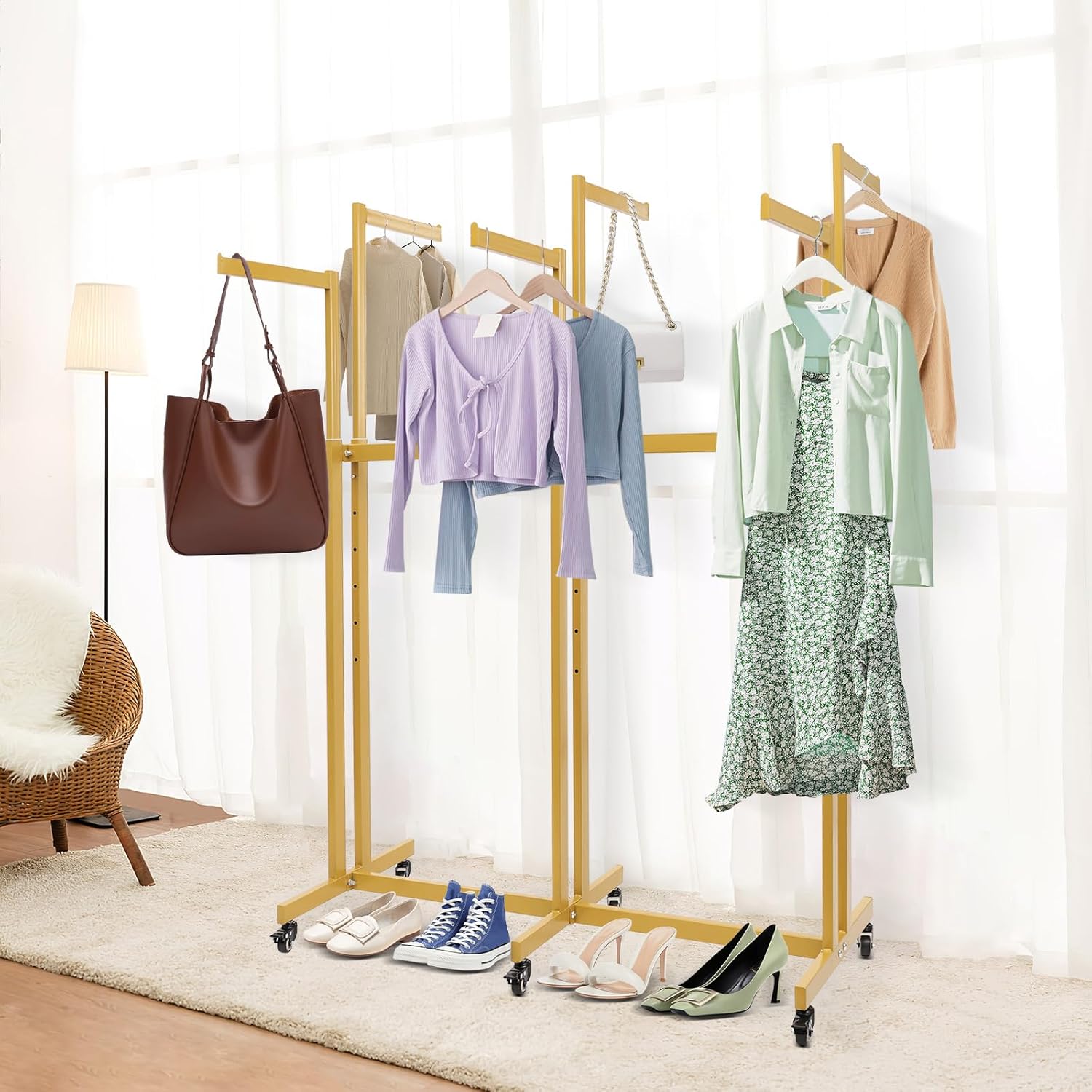 Floor Standing Metal Garment Rack, 6 Arms Clothing Display Rack Heavy Retail Display Racks With Wheels, 3.94 to 5.18Ft Adjustable Height Retail Clothing Rack for Hanging Clothes Heavy Duty (Gold)