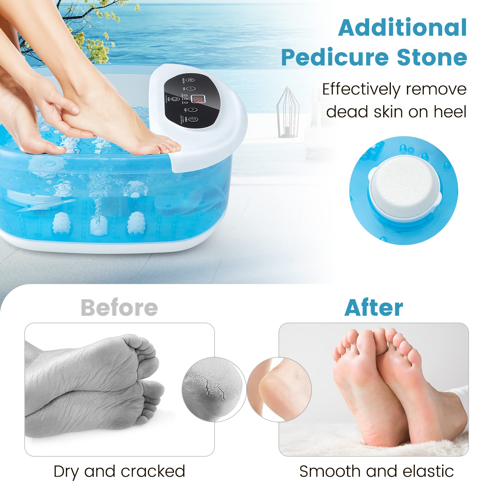 RELAX4LIFE - Baño de pie masajeador, baño de masaje con pies de vibración con burbujas, temperatura ajustable 35-46 ℃, piedra de pedicura, perlas de masaje extraíbles, apagado automático para, Azul