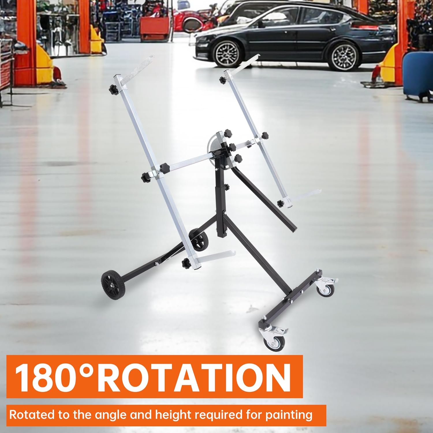Rotating Portable Paint Stand Universal Rotation Spray Paint Panel Stand Drying Rack Holder For Hoods, Wings, Bumpers, Garages, Body Repair Steel Powder Coated & Zinc-Plated Black and Silvery