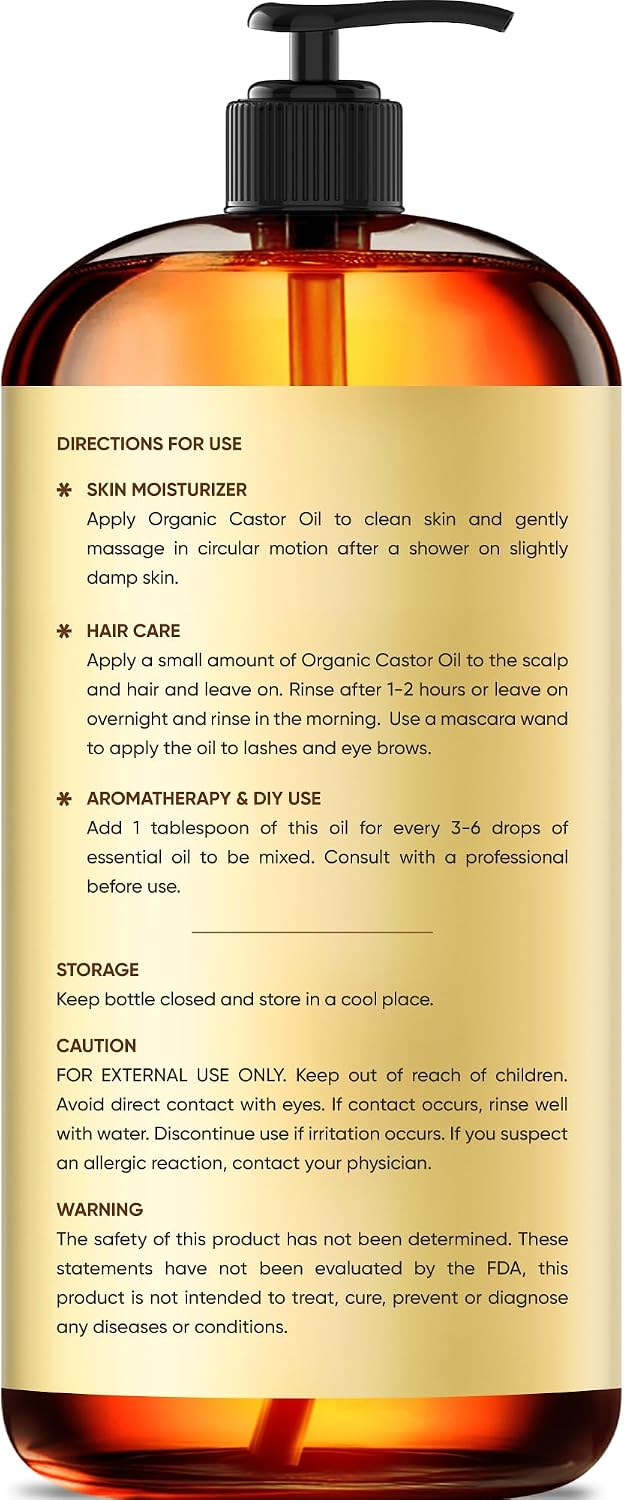  Cold-Pressed Organic Castor Oil | 16 Fl Oz | Hair | Face | Body | 100% Pure and Natural | Carrier Oil | Aromatherapy | Massage | Ayurvedic Hair Care | Hexane-Free thumbnail
