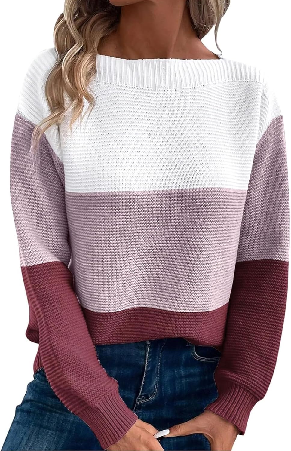 Womens Long Sleeve Crew Neck Color Block Fall Fashion Knitted Pullover Sweaters Jumper Tops