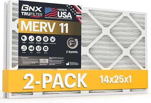 BNX Paquete de 2 filtros de aire MERV 11 de 14 x 25 x 1 pulgadas, fabricados en Estados Unidos, filtros de aire acondicionado electrostático plisado