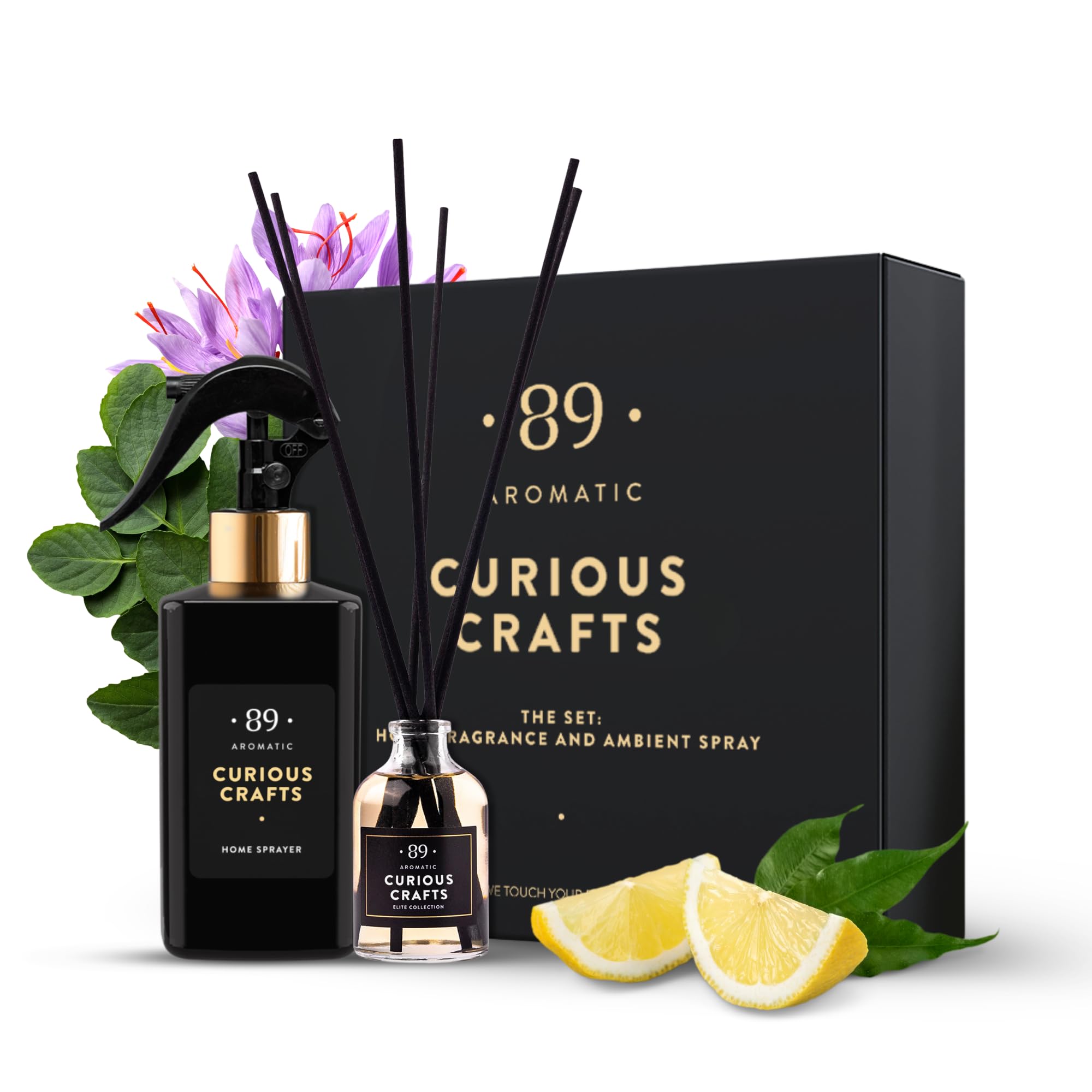 Aromatic •89• Coffret Cadeau Parfum d'ambiance – Citron, Safran et Patchouli – Spray d'ambiance & diffuseur à bâtonnets parfumés – Parfum Maison Longue durée & idée Cadeau