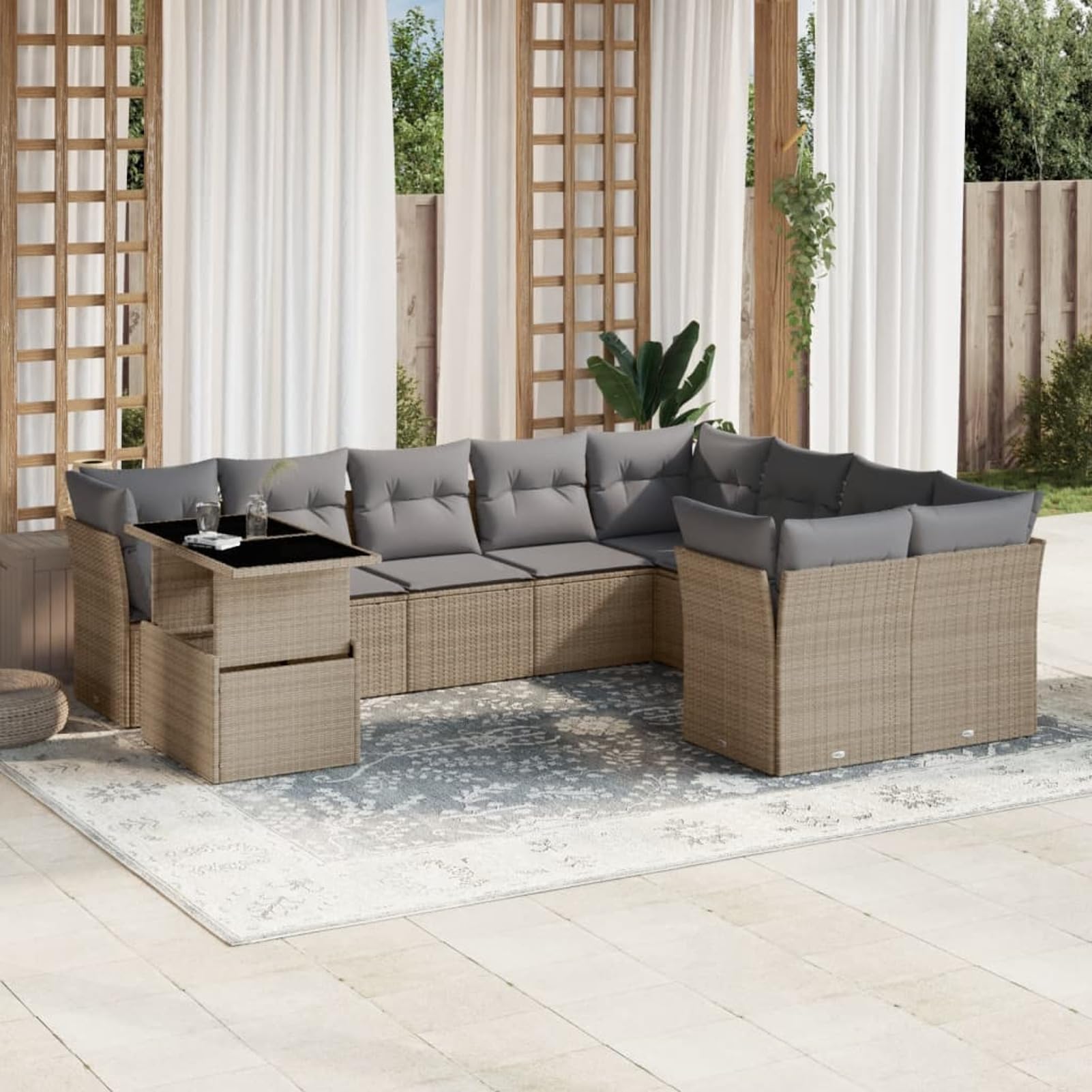 Lechnical Set Divano da Giardino 10 pz con Cuscini Beige in Polyrattan,Set di Conversazione per Patio,Set Salotto da Esterno,Set Divano da Giardino Esterno-3266849
