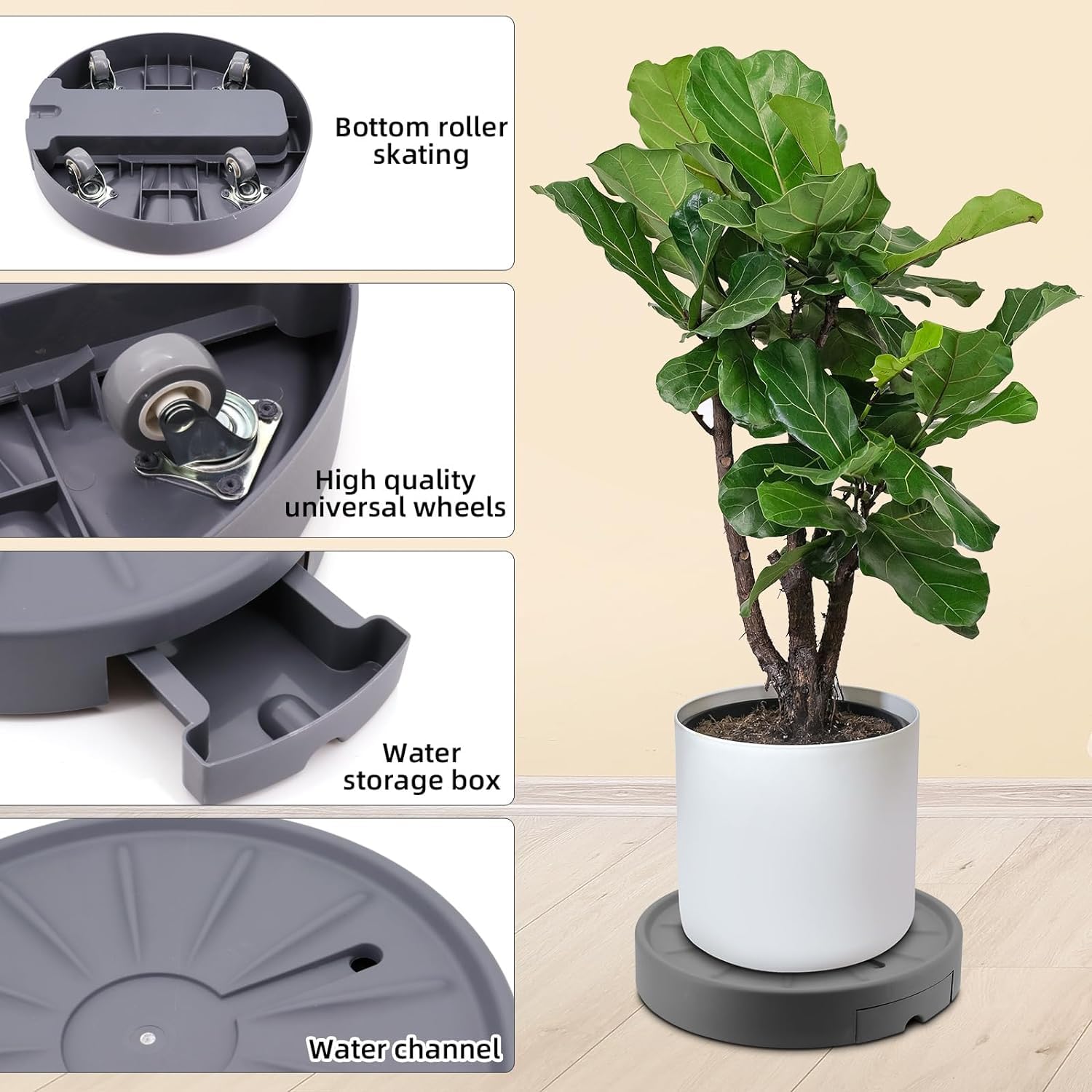Lot de 2 bacs à fleurs ronds de 33 cm avec roulettes mobiles invisibles, chariot de fleurs avec réservoir d'eau, pour la maison, le jardin, le bureau (gris, Polypropylène, 33 cm, 37 cm, 6 cm)