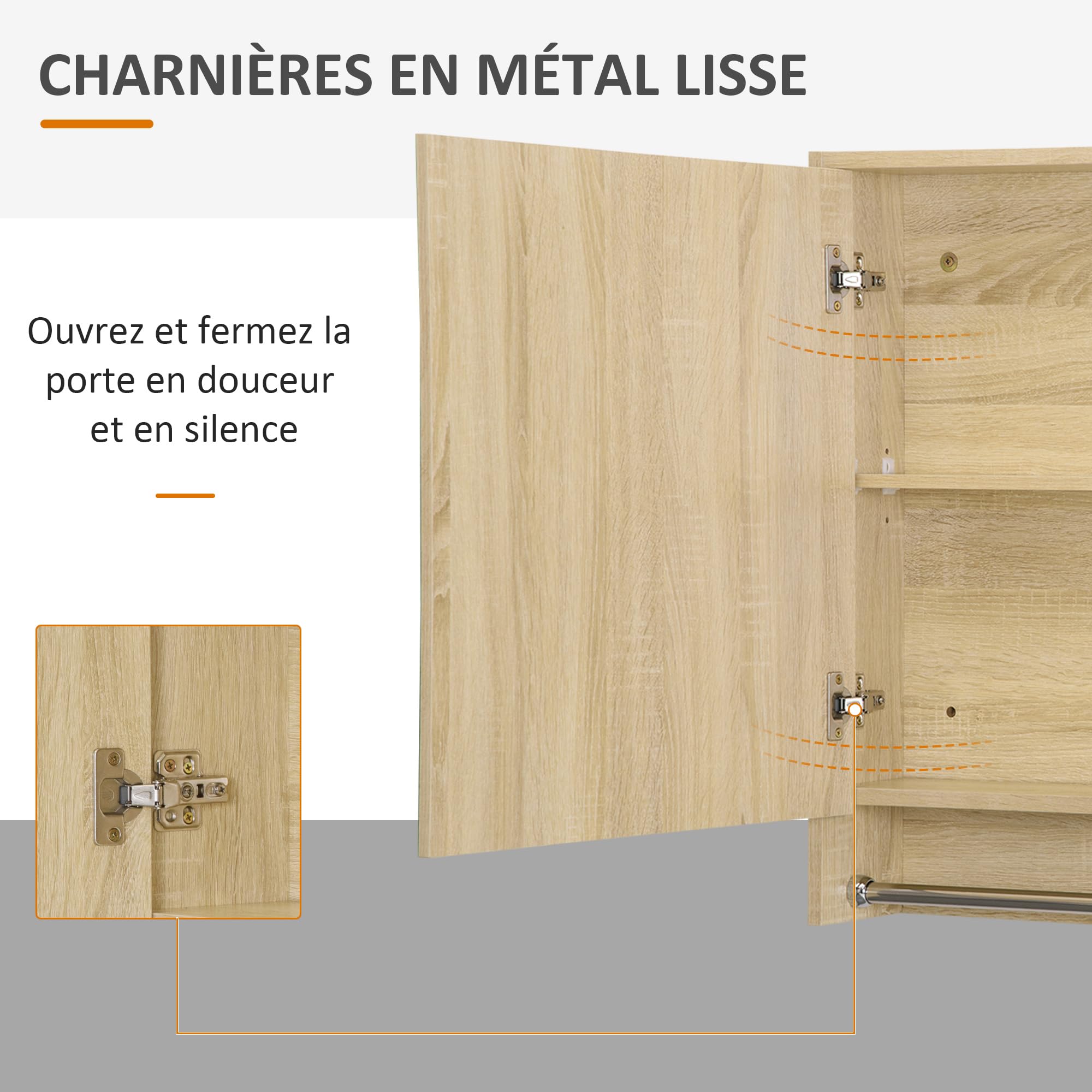 Armoire Salle De Bain Avec Miroir - Meuble Mural Avec Rangement, 3 étagères Et Porte-serviettes - 80x15x70 Cm - Effet Bois Naturel - 5