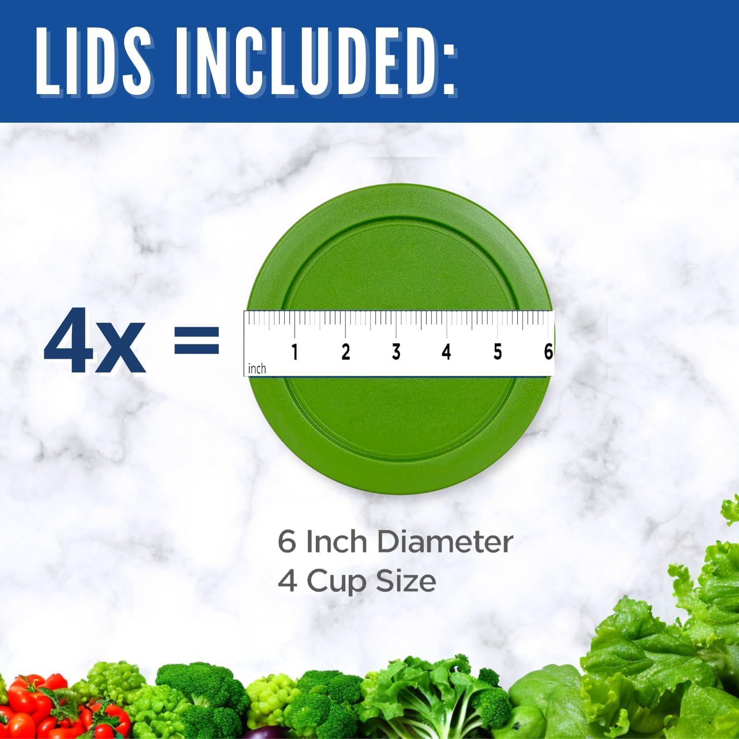 Replacement Lids fits Pyrex 4-Cup Glass Food Storage Container Bowls, 6-Inch Plastic Round Lids Covers for Pyrex 7201-PC, Airtight & Leakproof (4-Pack, Green)