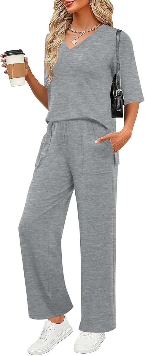 Women's 2 Piece Lounge Pajama Sets Soft 3/4 Sleeve Tops and Wide Leg Pants Loose Casual Outfits with Pockets