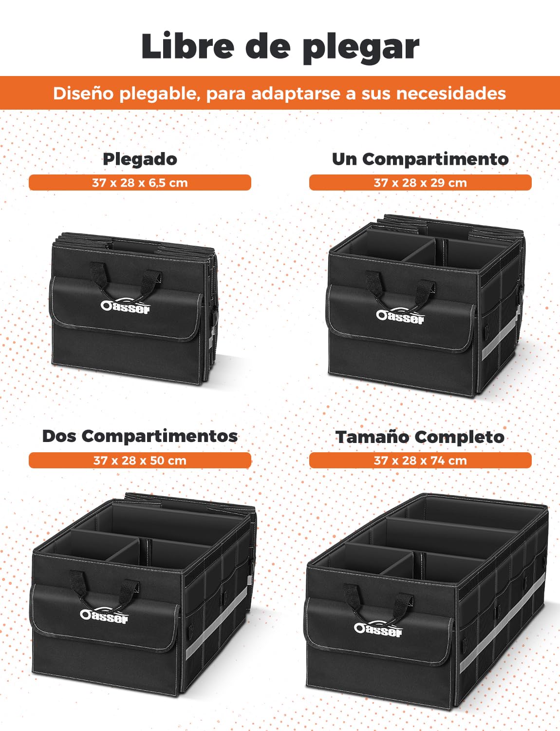 Oasser Organizador Maletero Coche 75L Grande 3 Compartimentos Tapa Desmontable Plegable Antideslizante 1 Bolsillo Grande 6 Bolsas Laterales Malla