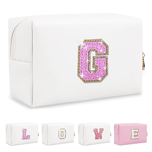 Miniatura 368 de Bolsa de maquillaje personalizada con inicial A-Z Preppy Patch, pequeña bolsa de cosméticos de PU con letra de chenilla y cierre para niñas Negro
