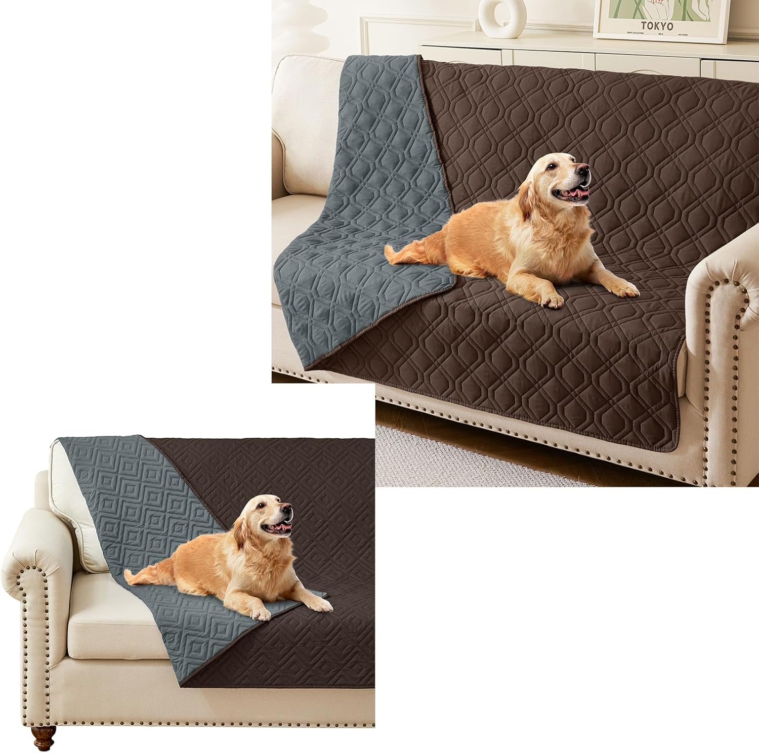 hyha Waterproof Dog Bed Blanket, Soft Dog Bed Cover Pet Blankets 52x82 Inch in Chocolate/Dark Grey, 2 Item Bundle