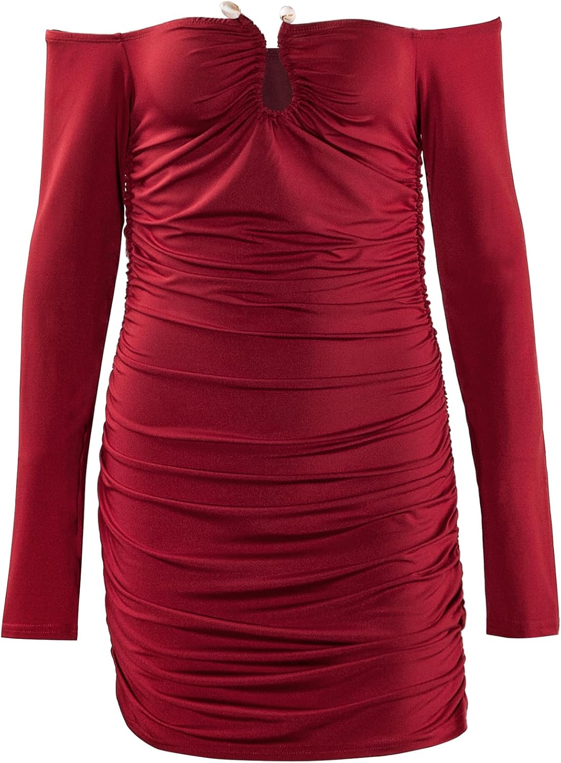 sedmoda Women Sexy Off The Shoulder Dress Long Sleeve Ruched Bodycon Mini Party Dresses - Image 3
