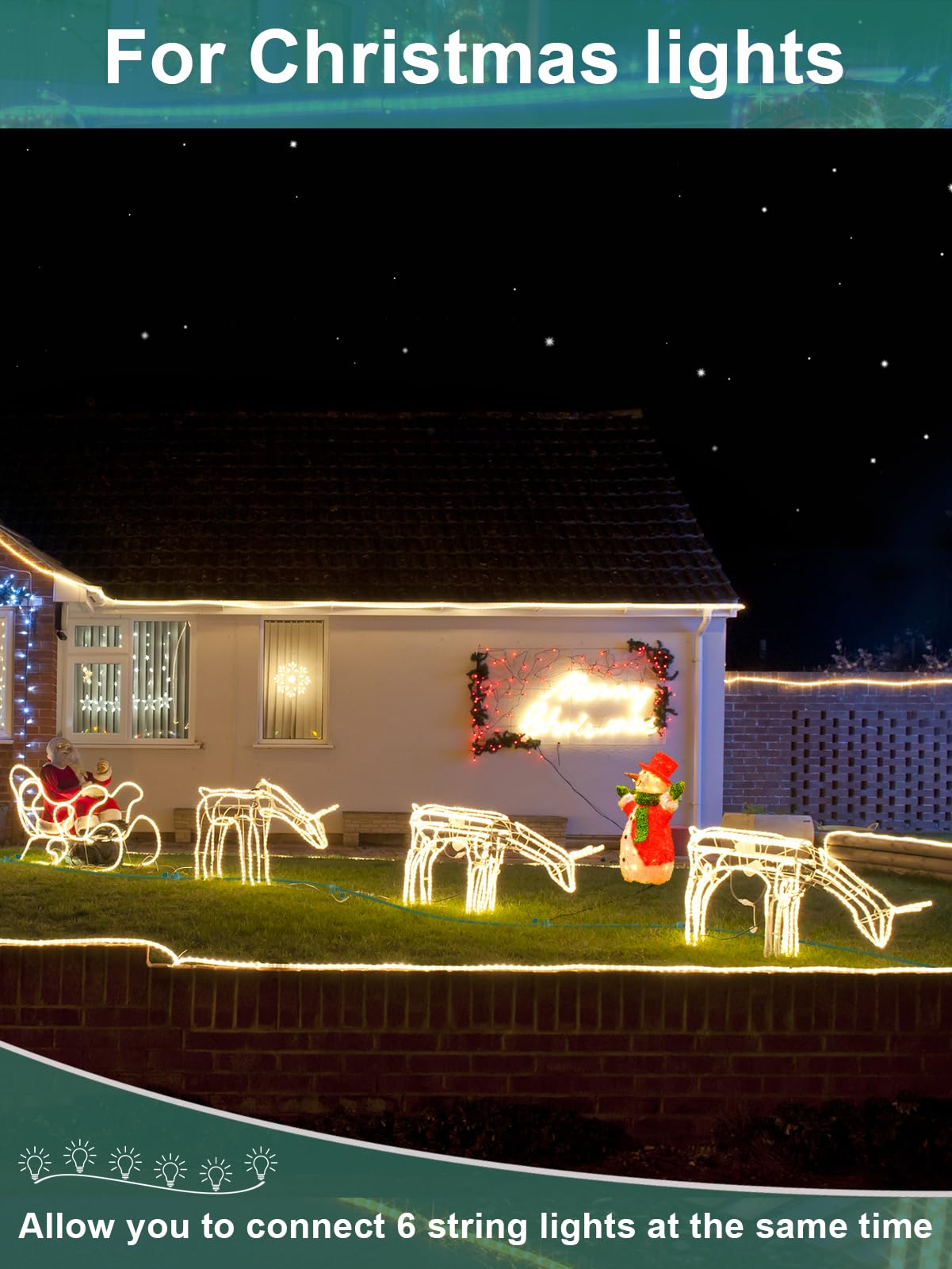 Verlängerungskabel für den Außenbereich mit mehreren Steckdosen, grünes Weihnachtslicht-Verlängerungskabel, 6 gleichmäßig verteilte Stecker, 16/3 SJTW-Kabel