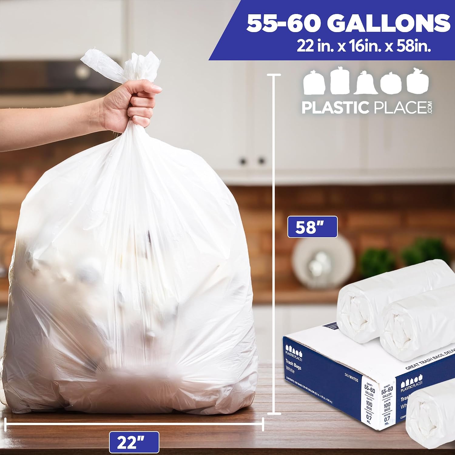 Plasticplace 55-60 Gallon Trash Bags │ 0.7 Mil │ White Heavy Duty Garbage Can Liners │ 38” x 58” 100 Count(Pack of 1)