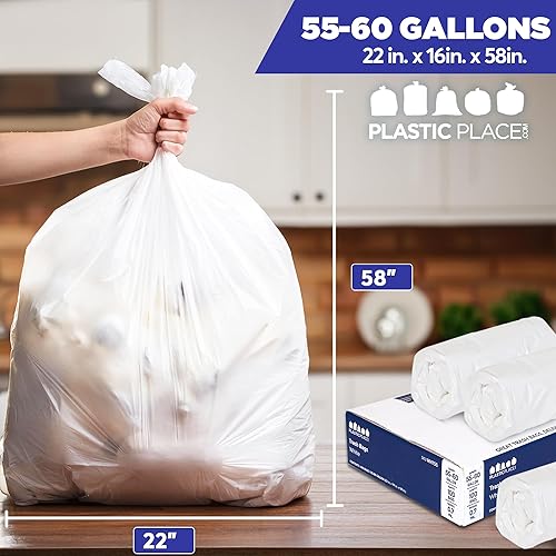 Miniatura 6 de Plasticplace Bolsas de basura de 55-60 galones │ 0.7 mil │ Revestimientos blancos resistentes para botes de basura │ 38 x 58 pulgadas, 100 unidades