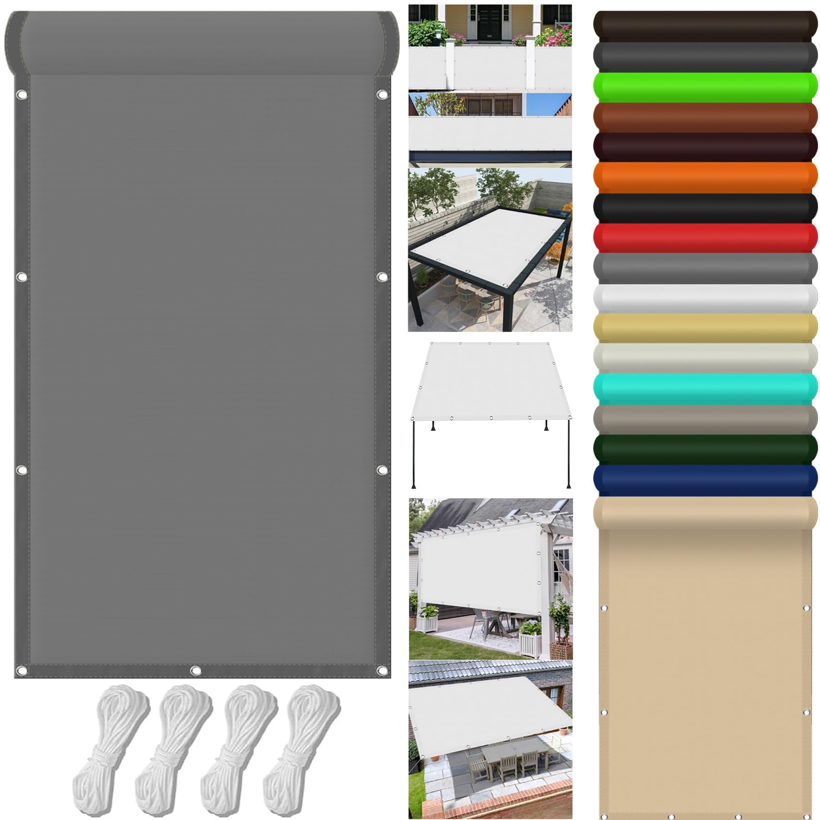 Toile ombrage 2x6m gris clair en PES imperméable pour pergola et grand jardin