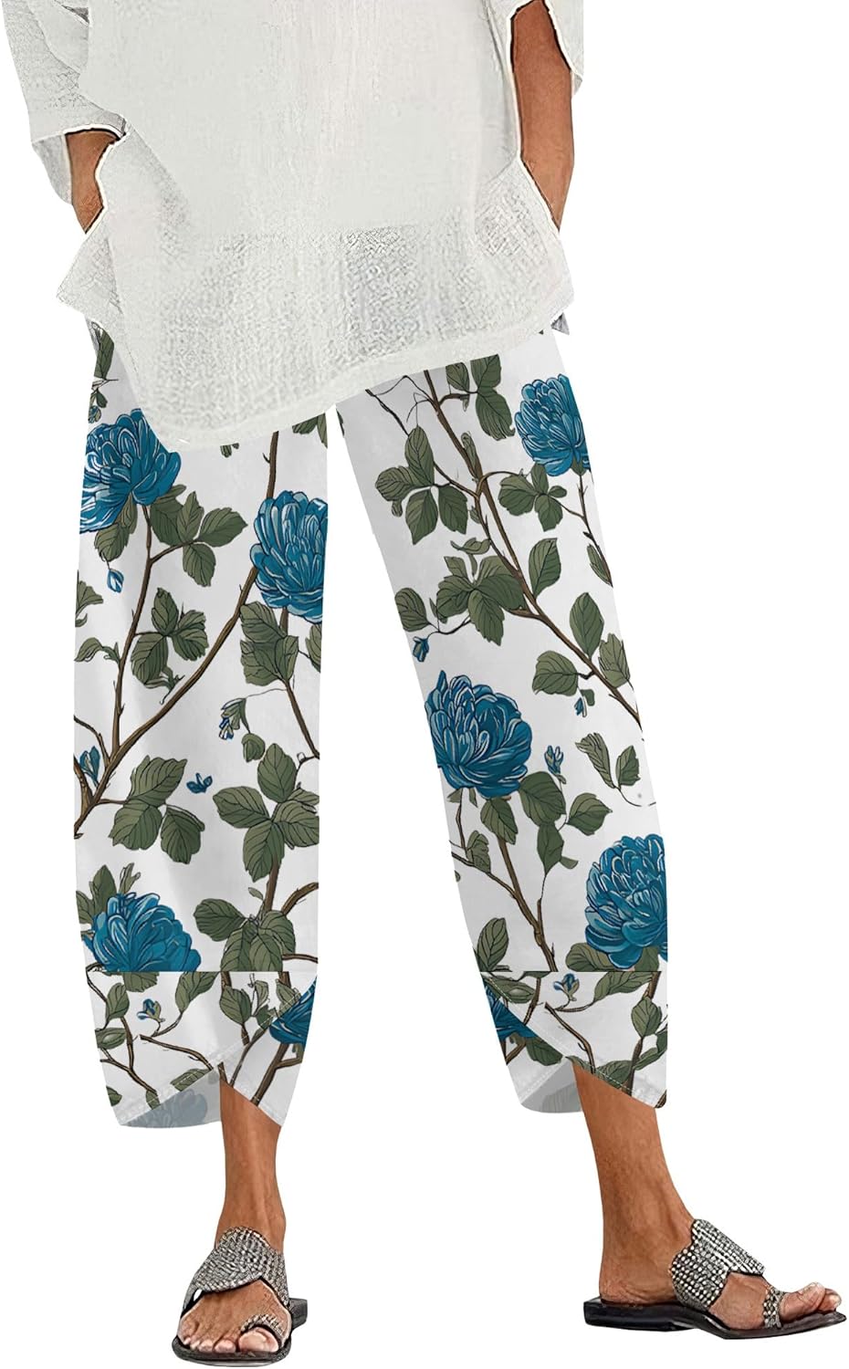 LIZALIG Womens Tropical Capri Pants High Waist Lemon Print Drawstring Summer Beach Cotton Linen Trousers