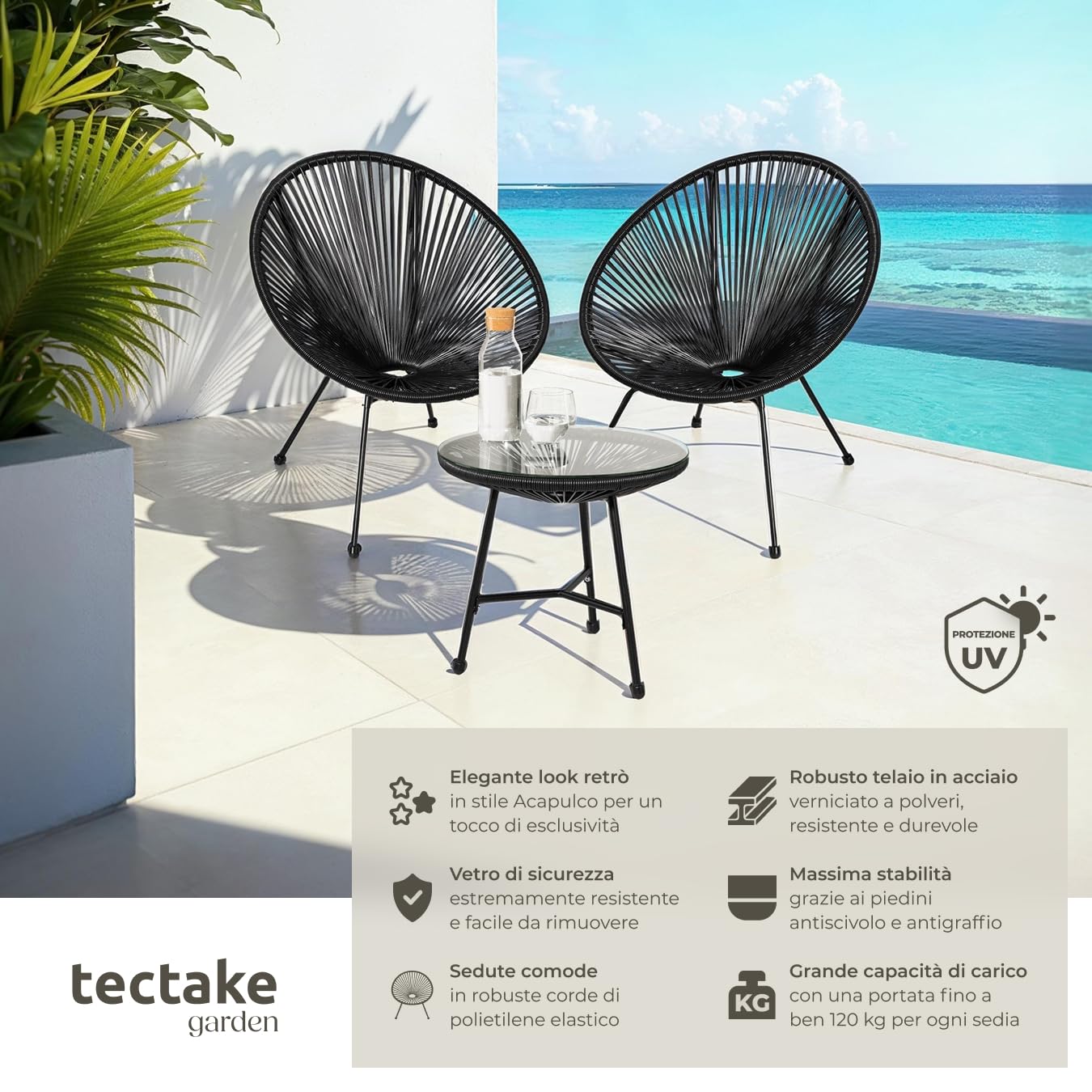 Tectake Set 2 Sedie Santana con Tavolo da Esterno, Tavolo Retrò con Vetro di Sicurezza e Telaio in Acciaio, Nero