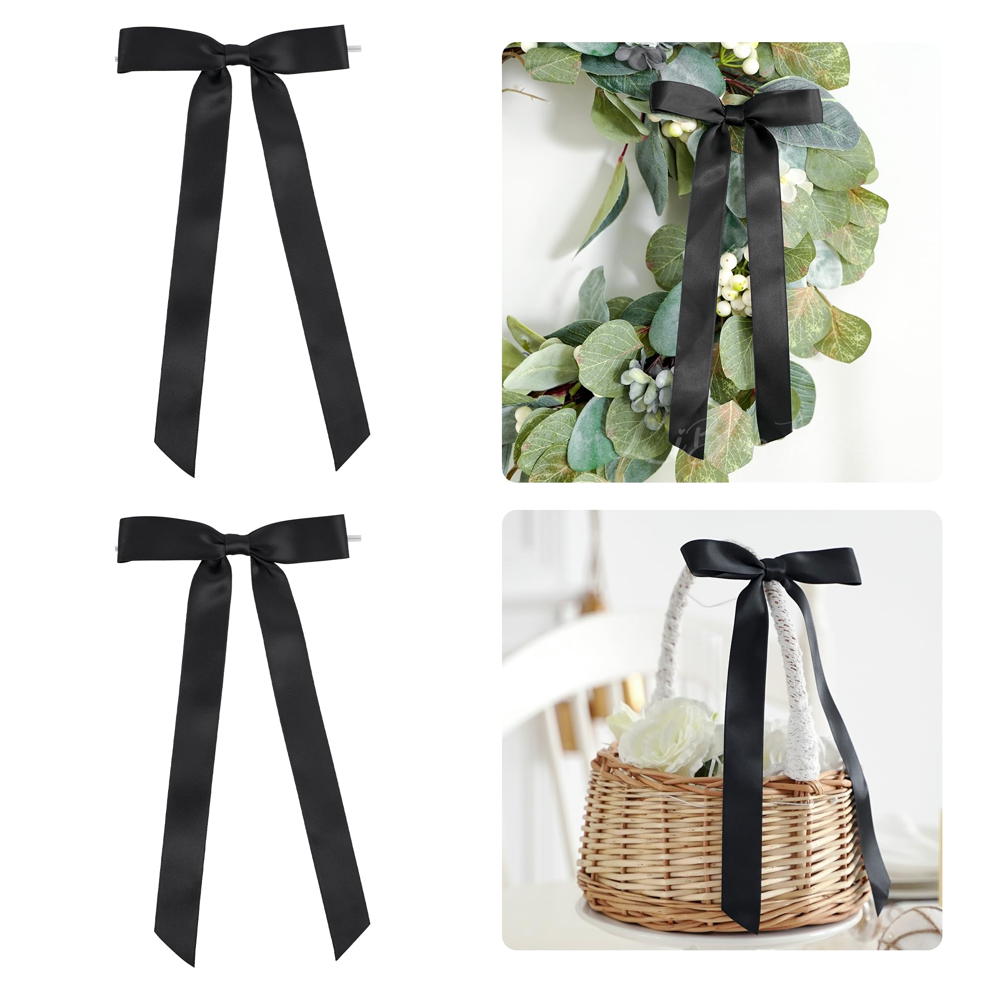 LiBongTa 50 PCS Black Bows for Gift Wrapping 5.5" x 11" Pre-Tied Long Tail Satin Ribbon Twist Tie Bow for Present Craft Cake Wine Bottle Candlestick