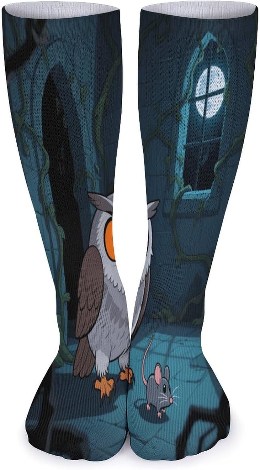 An Owl Catching Mice Crew Socks High Stocking Thermal Socks | Tube Socks-Breathable-Moisture-Soft-wicking for Hospital Pilates Yoga for women men Grippy for office and daily walking