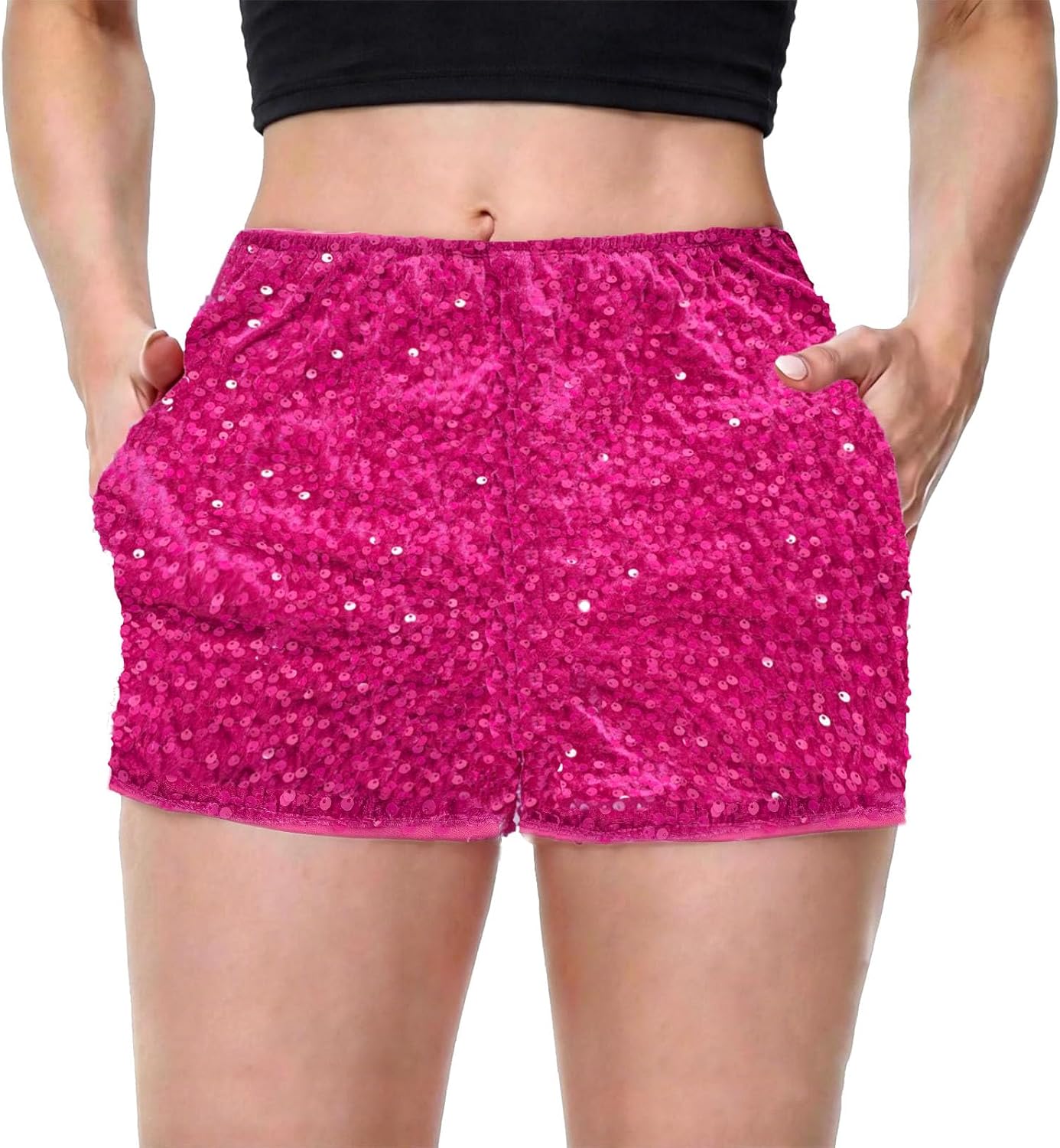 Women's Sparkly Sequin Shorts Elastic Glitter Straight Leg Party Shorts with Pockets Mid Rise Y2K Outfits Summer Bottoms