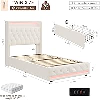 Vista 2 de HIFIT Marco de cama tapizada tamaño individual LED con cabecera de estación de carga y 4 cajones de almacenamiento, marcos de cama de plataforma