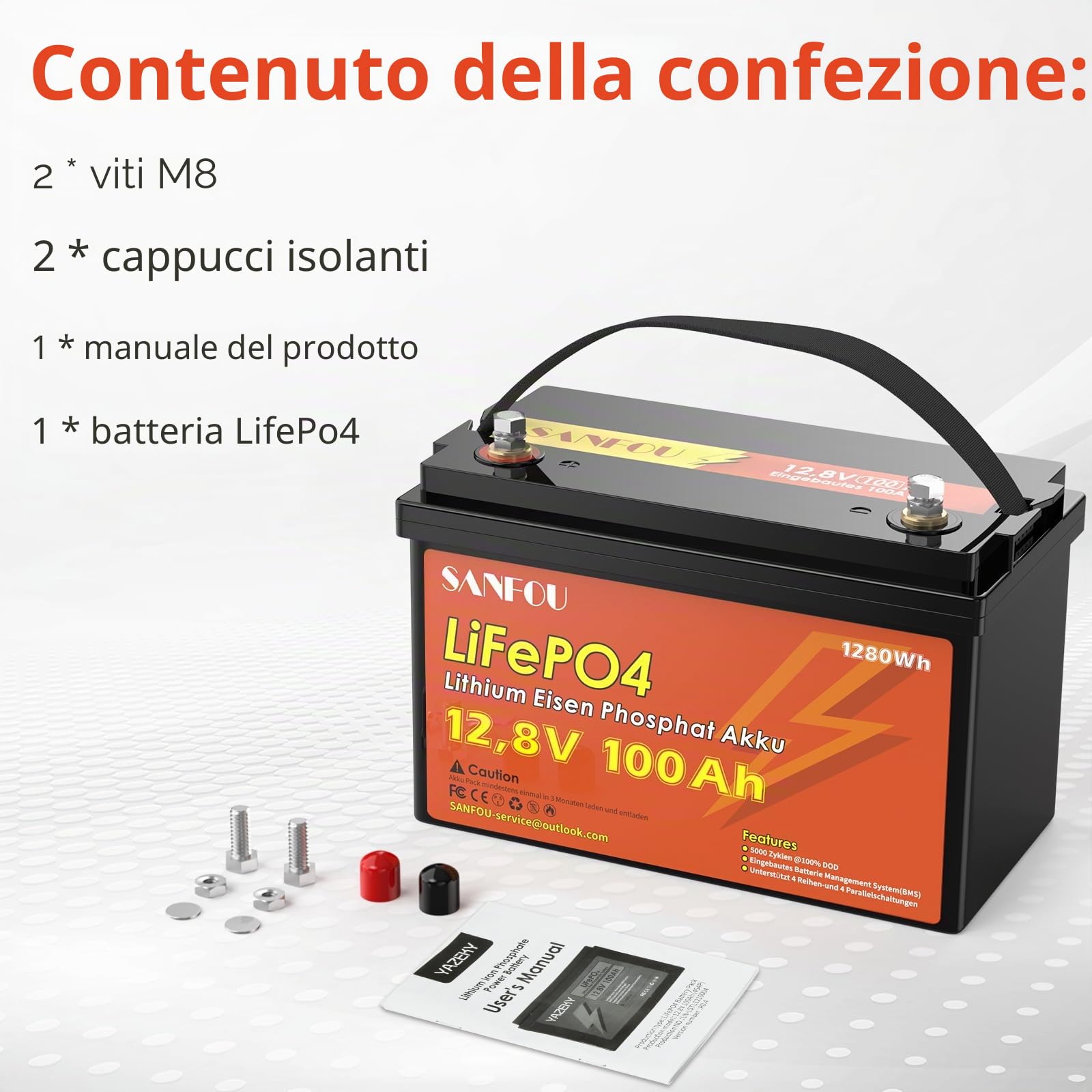 Batteria LiFePO4 12 V 100 Ah, 1280 Wh con BMS 100 A, 5000-15000 volte, supporto 4S4P, perfetta come fonte di energia per camper e campeggiatori