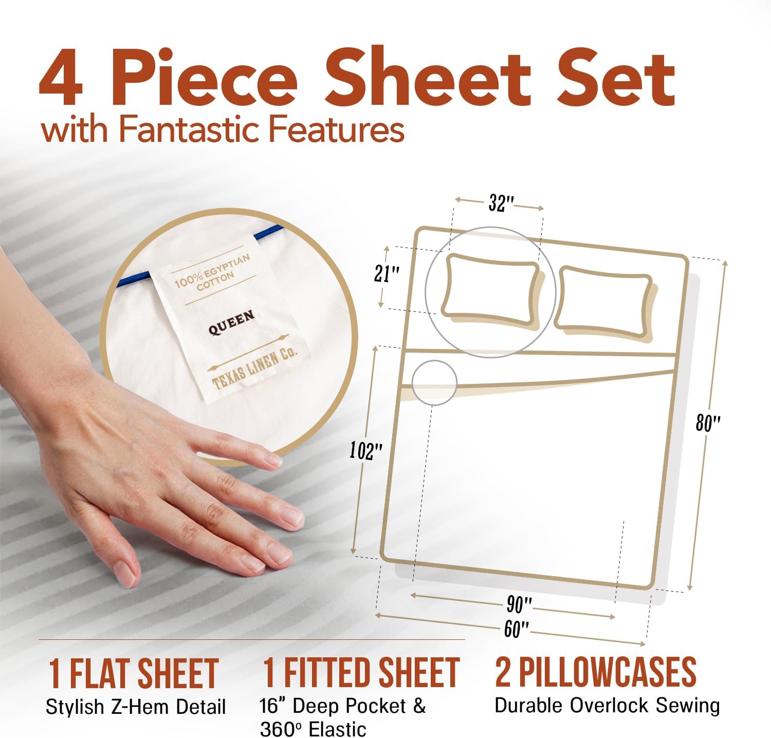 Hotel Style Egyptian Cotton Queen Size Sheet Set -Damask Stripe 4 PC  Fitted and Flat Sheets, Sateen Hotel Bedding - Silver Stripe