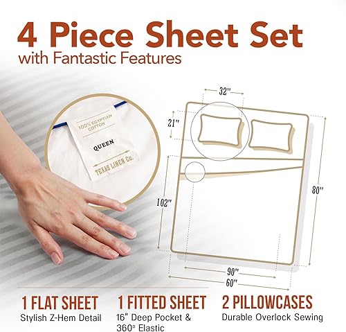 Miniatura 5 de Juego de sábanas de algodón egipcio de lujo, tamaño Queen, 600 hilos, fibras extralargas, juego de 4 piezas, sábanas de damasco plateado, suaves y
