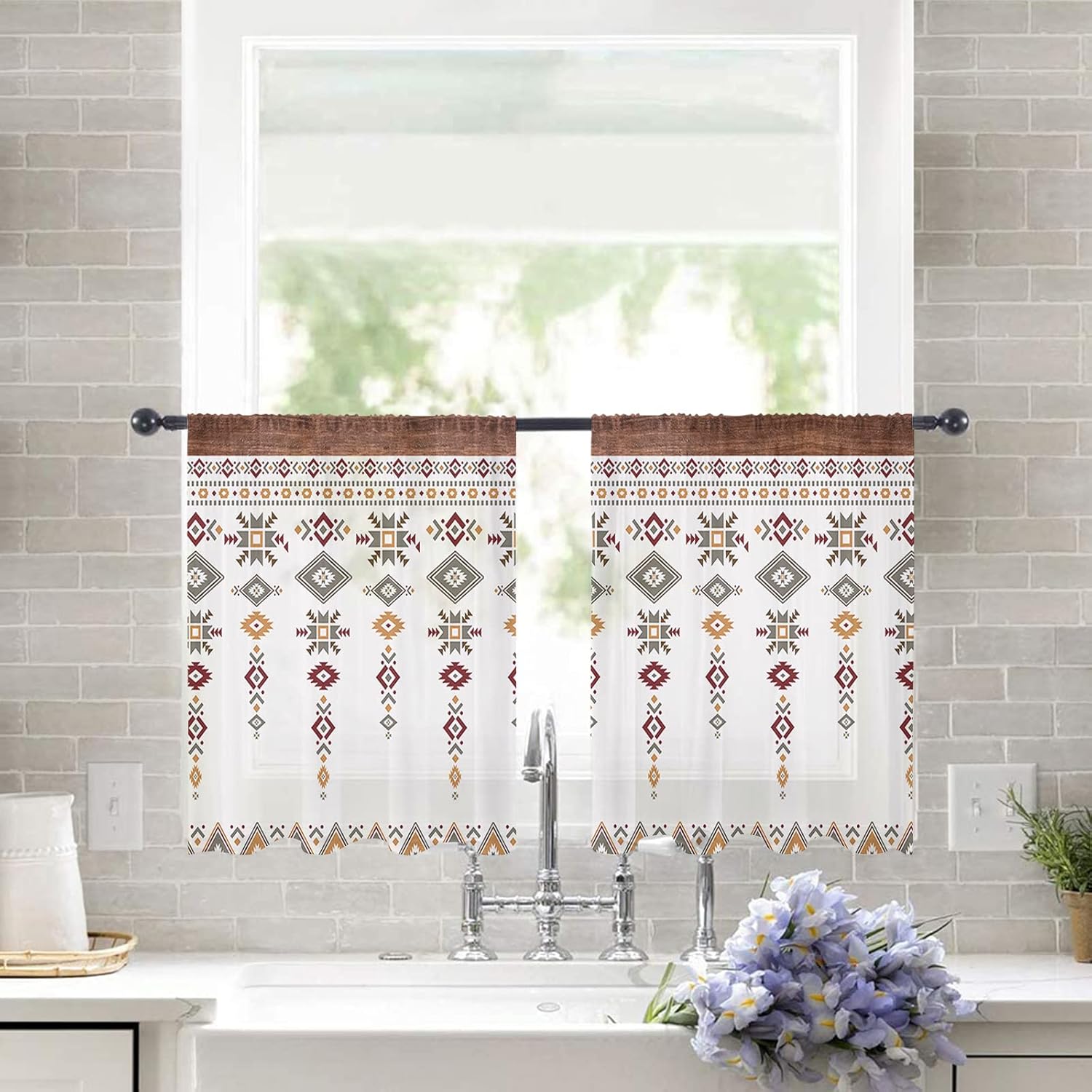 Sheer Curtains 45 Inches Long, Southwest Native American Tribal Totem Boho Window Treatment Panels Light Filtering Rod Pocke Curtain Voile Drapes for Bedroom/Living Room Each 52" W x 45" L