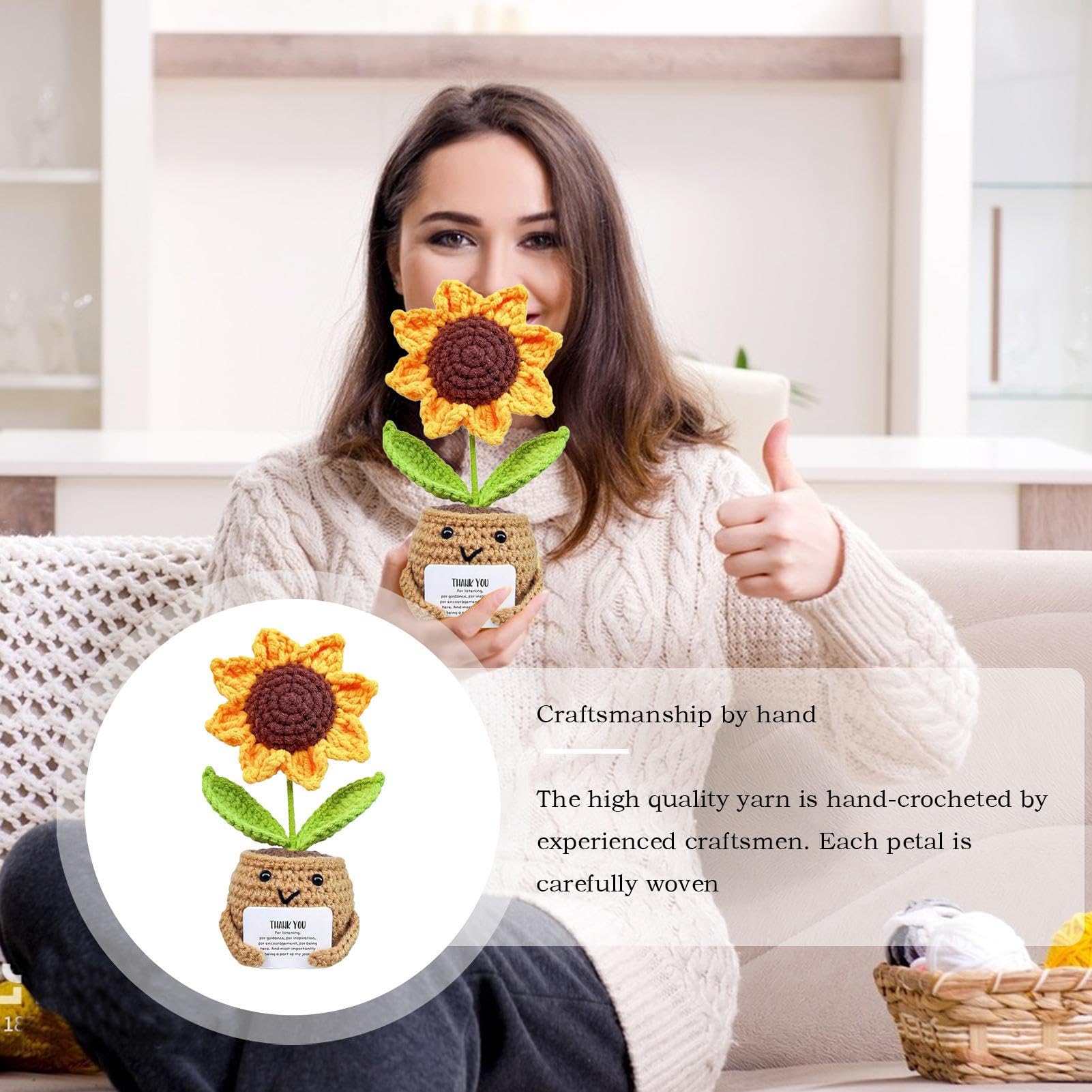 Positive Sunflower Crochet Potted Flowers, Emotional Support Plant with Encourage Card - Image 3