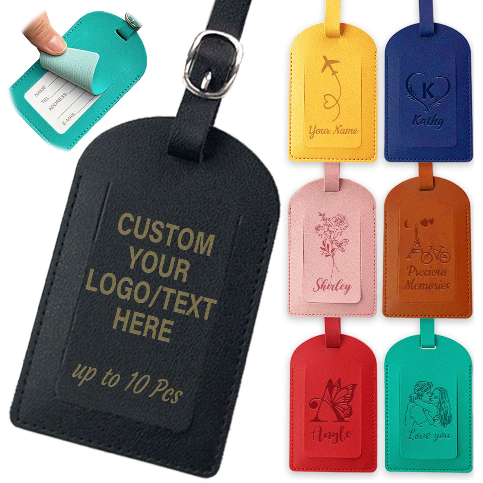 Personalized Leather Luggage Tags with Strap and Name ID Card, Custom Logo Bag Tag Engraved with Design Texts, Customized Gifts for Travelers Wedding