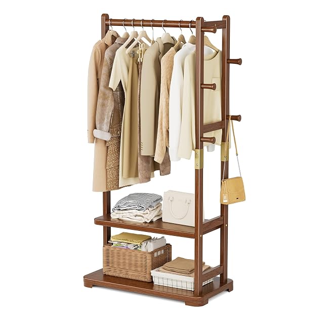 Coat Rack Solid Wood Clothes Rack with 2 Shelves 4 Hooks for Hanging Clothes Garment Wallets Hats Clothing