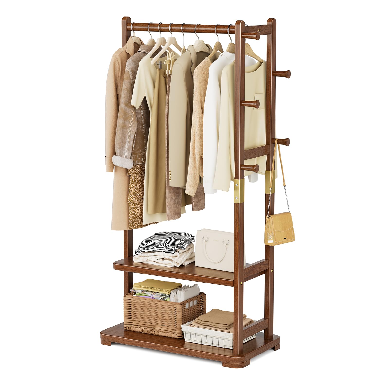 Coat Rack Solid Wood Clothes Rack with 2 Shelves 4 Hooks for Hanging Clothes Garment Wallets Hats Clothing