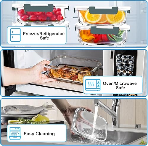 Miniatura 3 de VERONES Paquete de 5 recipientes de vidrio de 36 onzas para preparación de comidas, juego de recipientes herméticos de vidrio para el almuerzo con