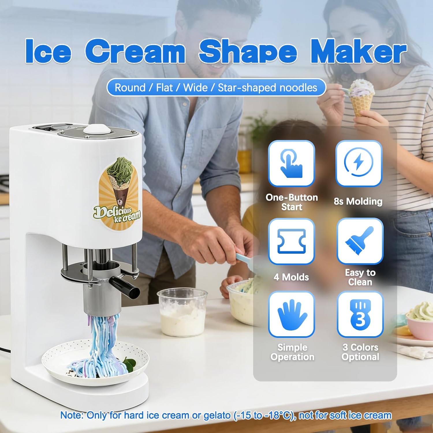 Professional Ice Cream Noodle Extruder, Commercial Spaghetti Ice Cream Machine with 4 Shape Molds, 7.9 Gal/Hr Output, Space Saving Design for Dessert Shops, Easy to Use & Clean white