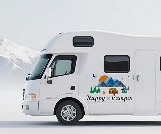 Happy Camper Decals for RV, Explore Adventure Sticker,Tribal Hiking Camping Travel Mountains Tree Bear Campfire Pattern Removable Vinyl Decor for Car Pickup Truck Van SUV Window