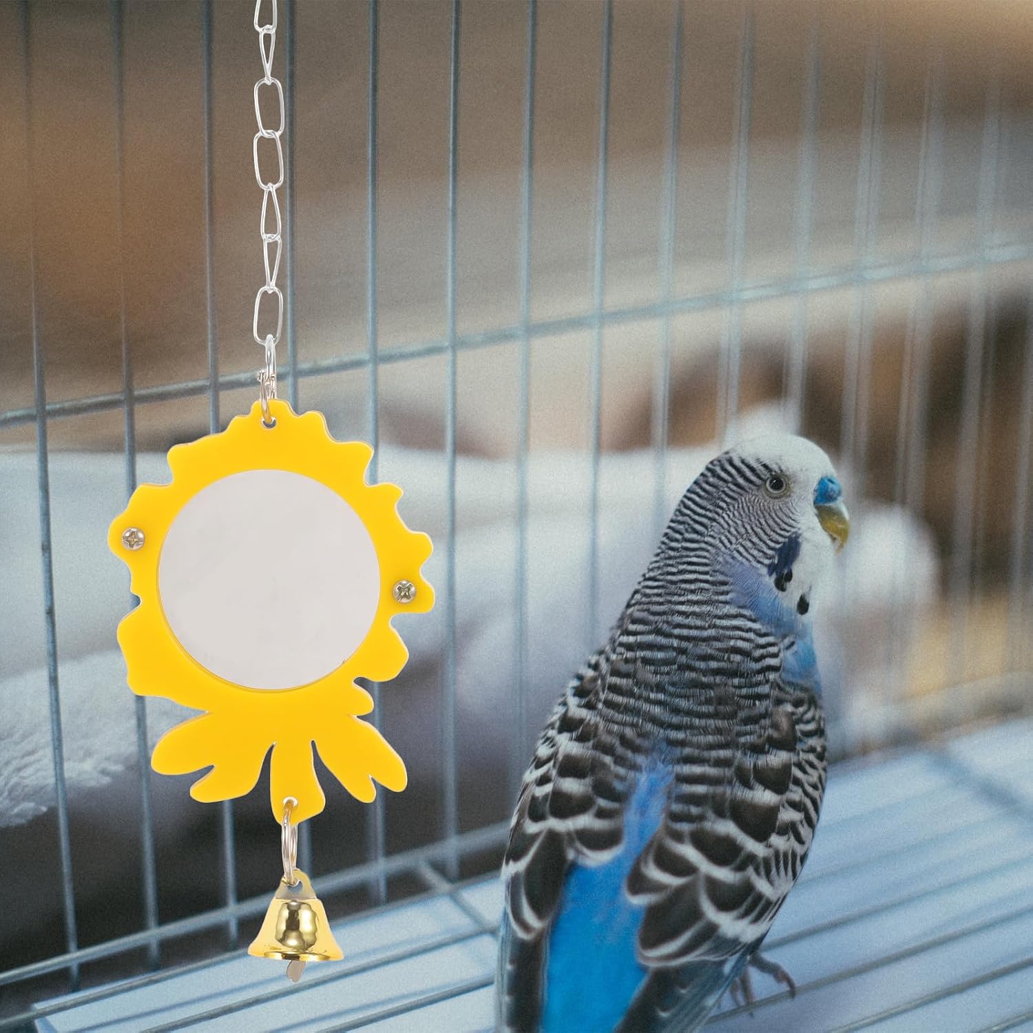 Wakauto Parrot Mirror with Bell for Cage, Acrylic Flower Design image 5