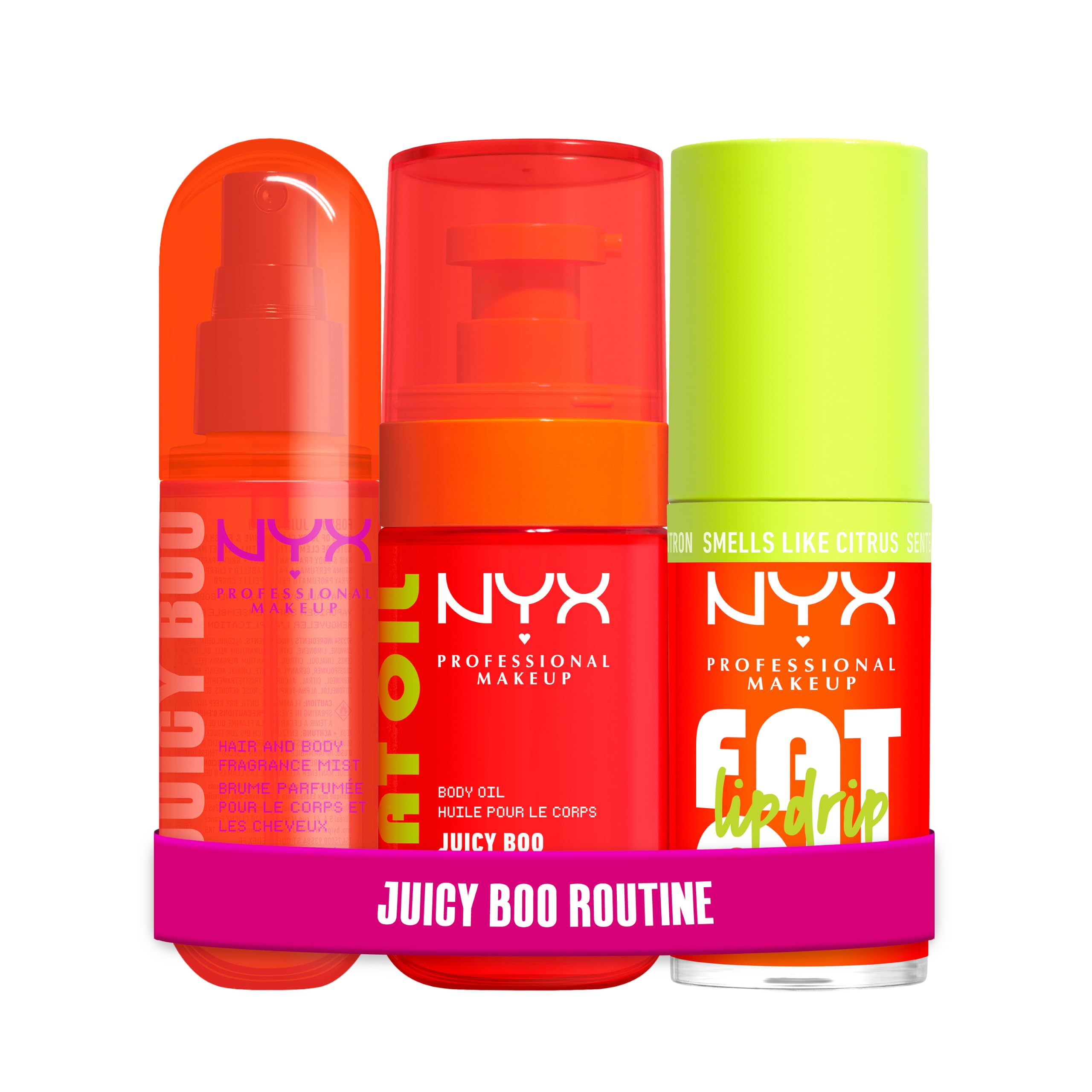 Set mit NYX Professional Fat Oil Lip Drip Juicy Boo + Hair & Body Fragrance Mist + Fat Body Oil Juicy Boo, feuchtigkeitsspendender Gloss, 24 H Glow, vegan