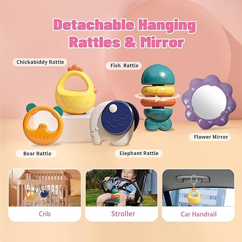 Miniatura 5 de Centro de gimnasio 3 en 1 para bebés, tapete de juego para el tiempo boca abajo, andador de bebé, piano para patear y tocar con música y luz,