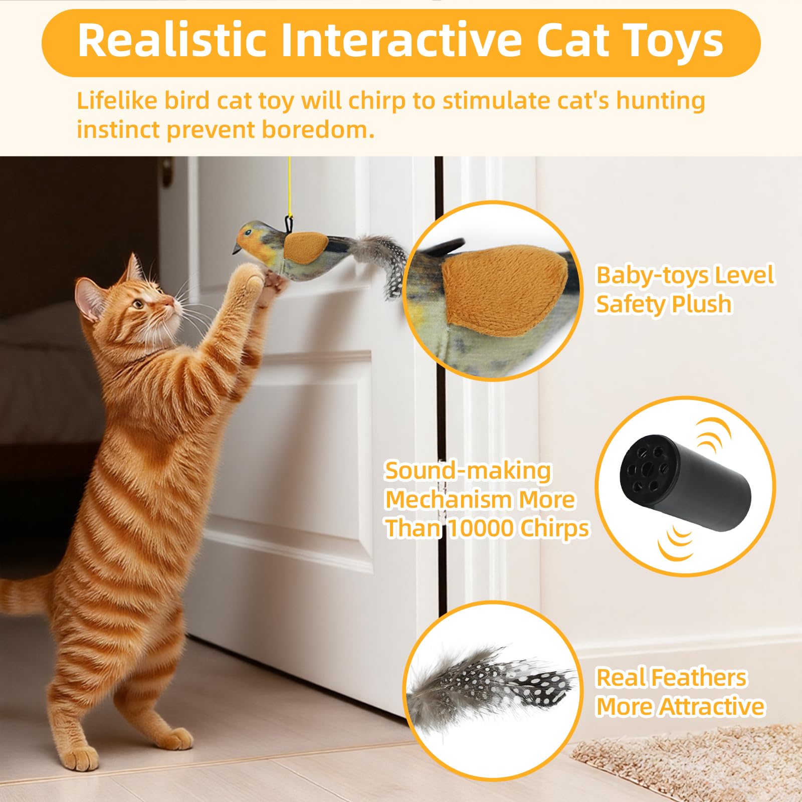 Tocirelo Interaktives Katzenspielzeug Vogel – Realistisches interaktives Katzenspielzeug für Indoor-Katzen mit Katzenminze und Feder, 3 Stück, hängende Zwitscher-Vogel-Katzenspielzeug, gelangweiltes