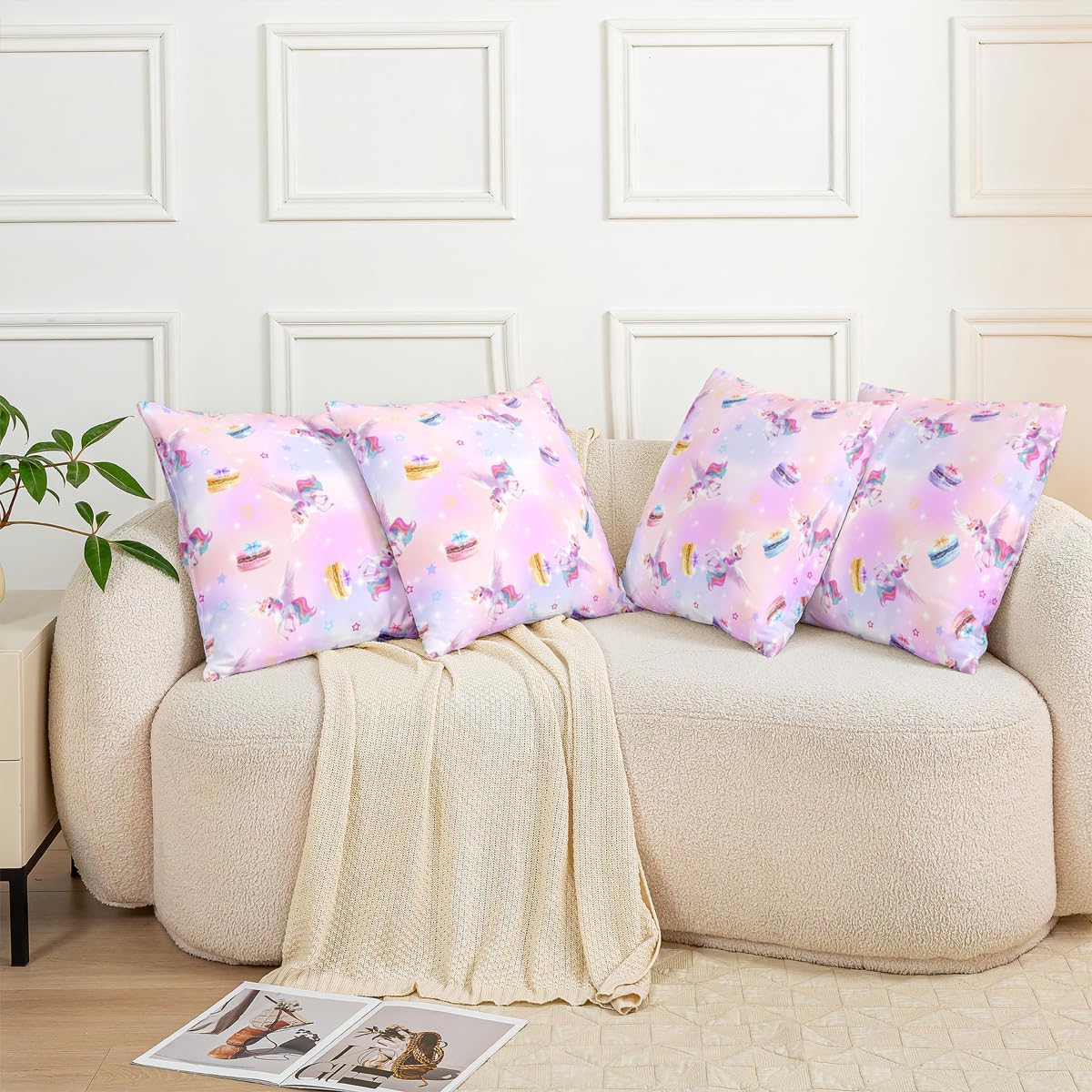 Homewish Unicorn Throw Pillow Covers (Pack of 4),Rainbow Macarons Dessert Cushion Cover for Kids Girls Teens Colorful Star Bow Pillow Cases Watercolor Starry Sky Living Room Sofa Bed Decor,18" Lx18 W image 4
