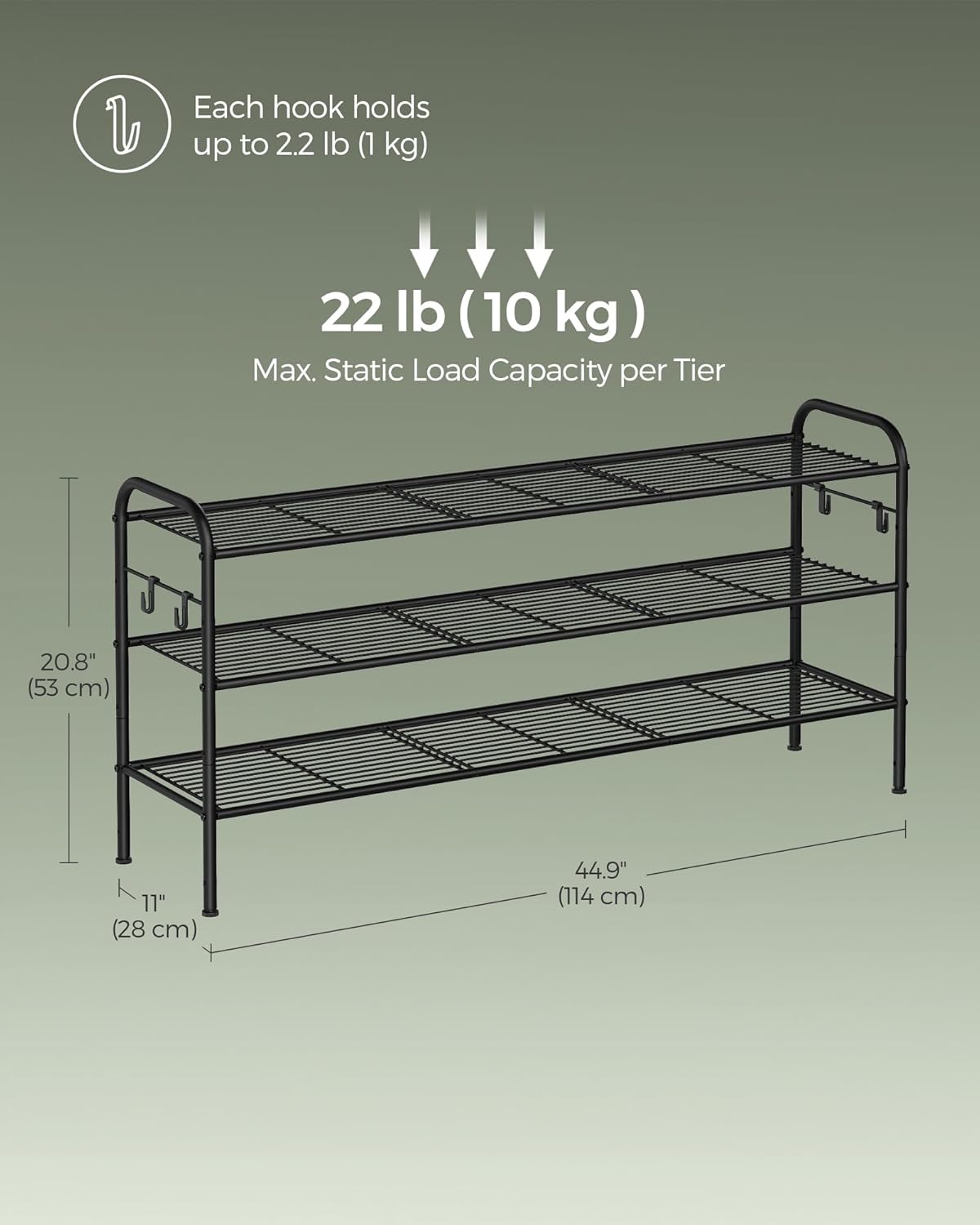 SONGMICS Shoe Rack, 3-Tier Shoe Organizer, Metal Shoe Shelf Storage with 4 Side Hooks, Holds 18 Pairs of Shoes, Height-Adjustable Shoe Rack for Entryway, Hallway, Closet, Ink Black ULMR131B01