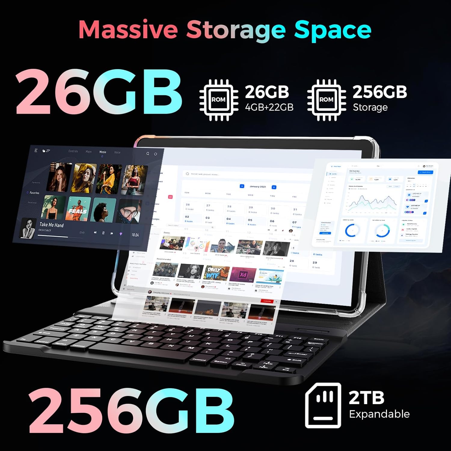 2026 Android 15 Tablet with Keyboard, 26GB+256GB, 2TB Expand, 10 Inch Tablet PC with 8-Core, Gemini AI, 5G WiFi, 8000mAh, BT5.0, Widevine L1, GPS, 2-in-1 Tablets with Case, Mouse, Stylus (Black Case)