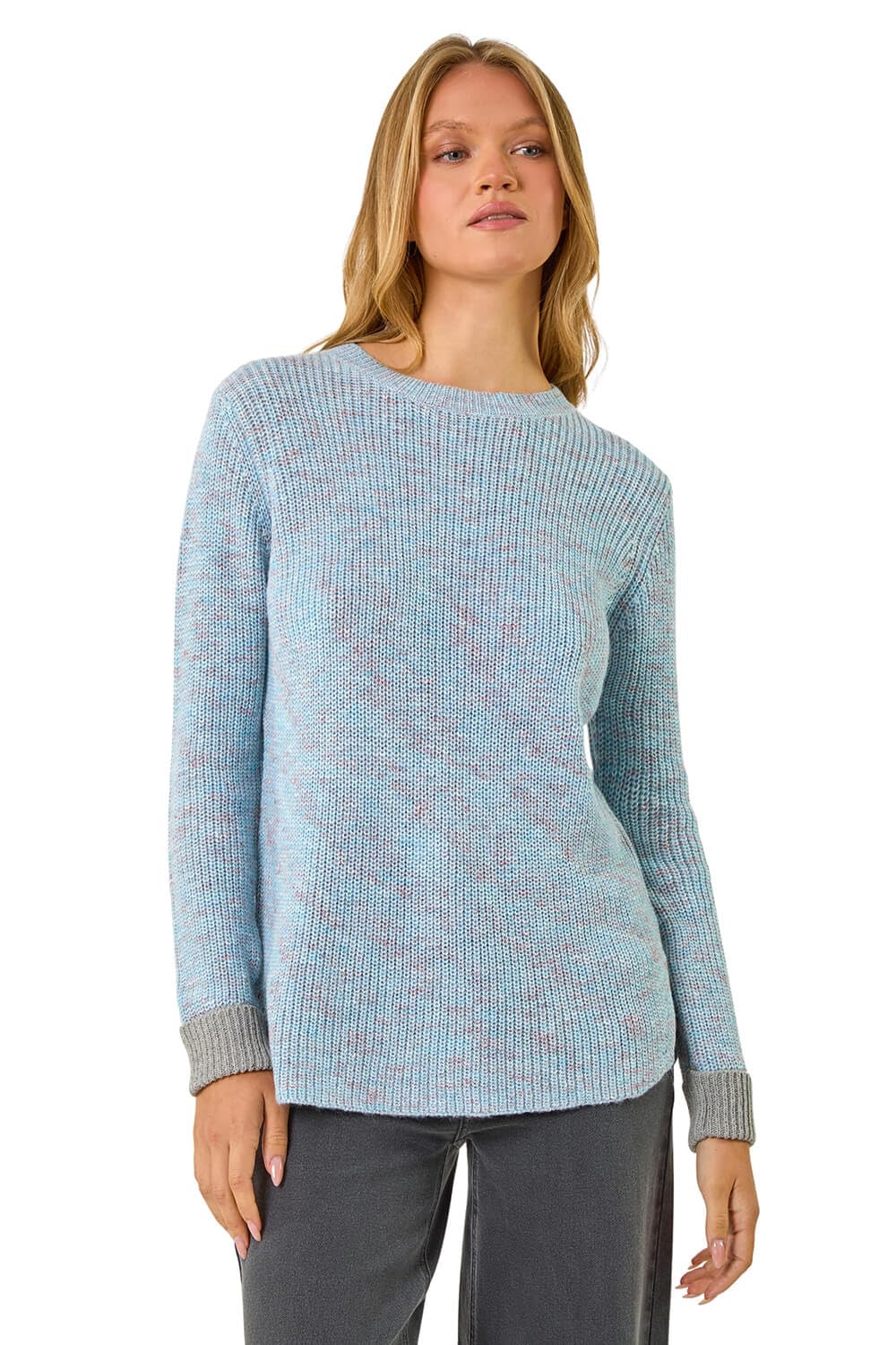 Roman Originals Women's Blue Contrast Cuff Knit Jumper For Uk - Everyday Autumn Winter Round Neckline Comfy Soft Evening Vacation Work Party Night Out - Size 10