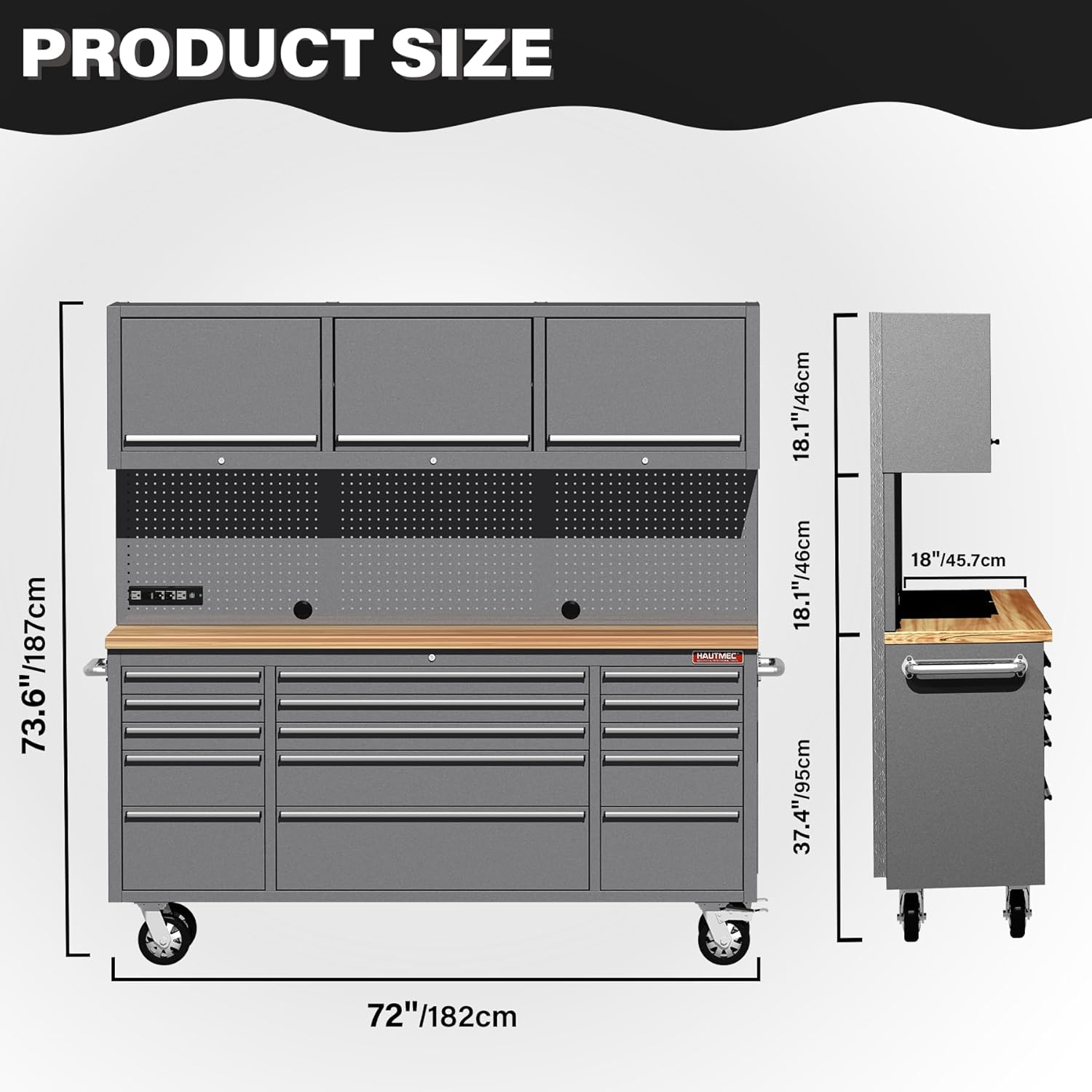 HAUTMEC 72" Rolling Tool Chest, Heavy-Duty Tool Cabinet with Wheels, Garage Workbench with 15 Drawers, 3 Upper Cabinets, Pegboard & 51 Hooks, Oak Worktop & Power Strip – HT0428