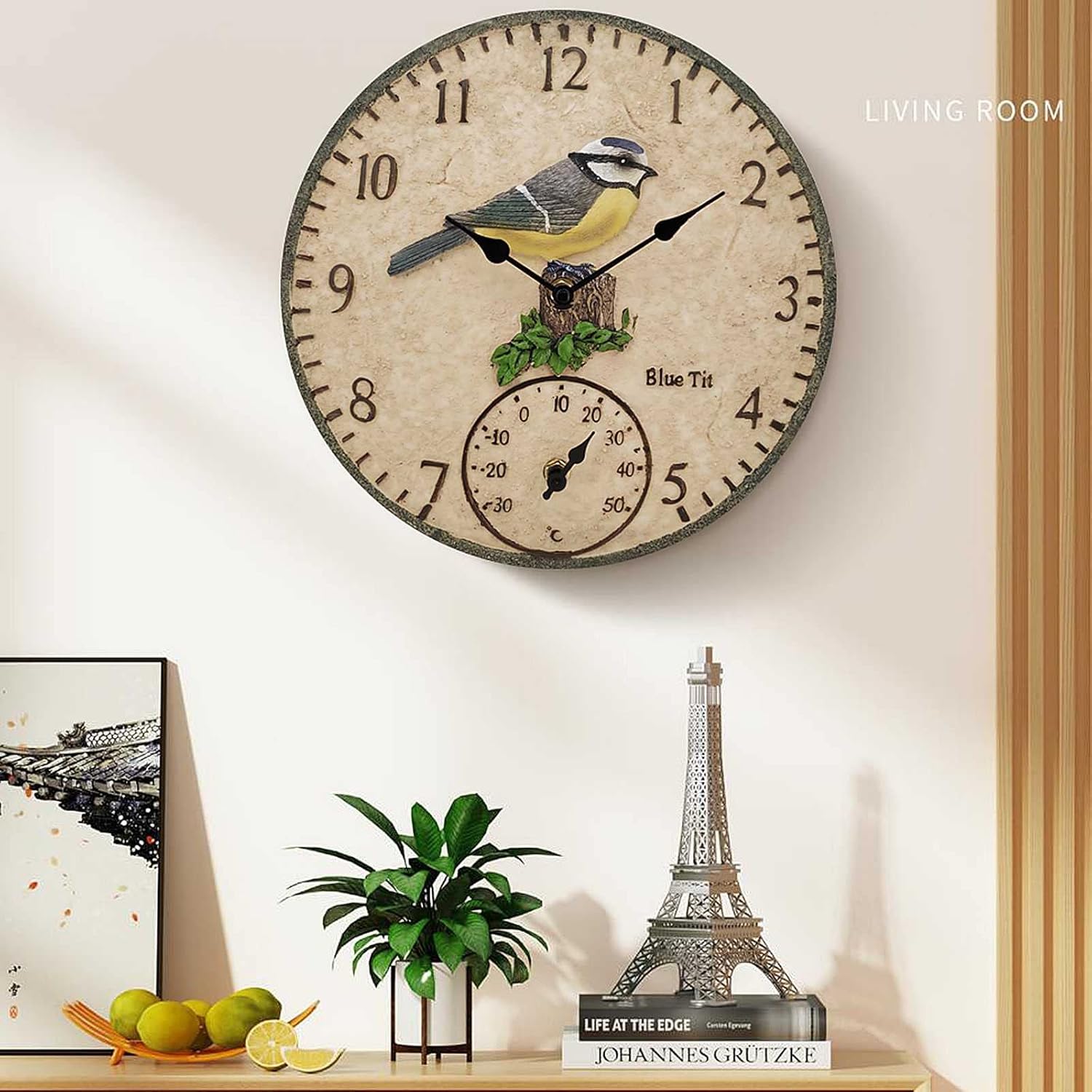 Indoor Outdoor Clock Blue Tit Garden Wall Clock, 12 Inch Large Waterproof Wall Clocks With Thermometer Battery Operated Retro Resin Bird Ornament Decorative Clock for Room Patio Pool Porch Fence