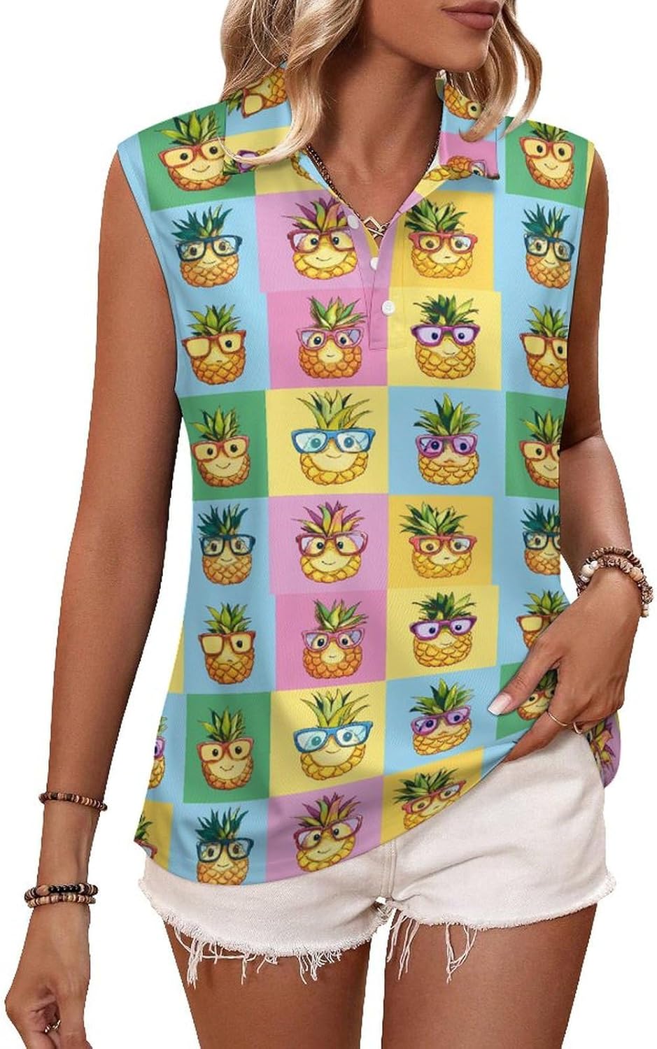 Pineapple Womens Golf Shirts Print Polo Shirt Sleeveless Tank Top Casual Work Blouses